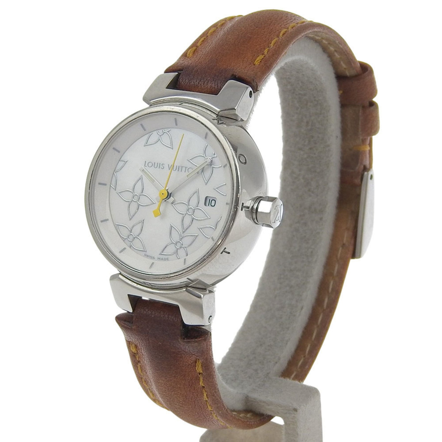 Louis Vuitton Tambour Watch, Stainless Steel and Leather, Quartz Movement, Analog Display, White Dial