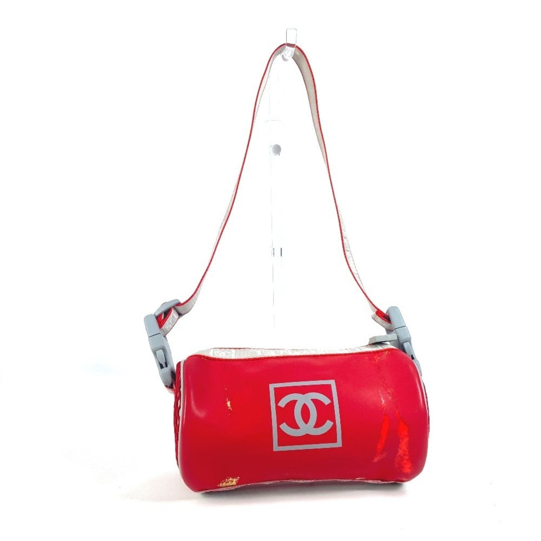 CHANEL Sport Bicolor Logo Cylinder Shoulder Handbag Rubber Red
