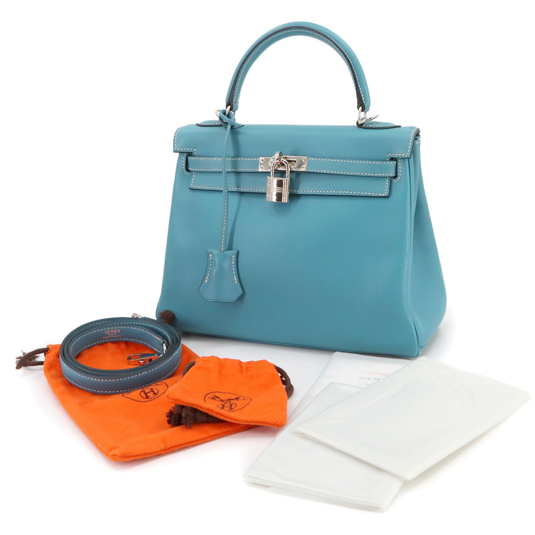 Hermes Hermès Kelly 25 Gulliver Blue Jean 2-way handbag/shoulder bag with □I stamp, inner stitching, silver hardware