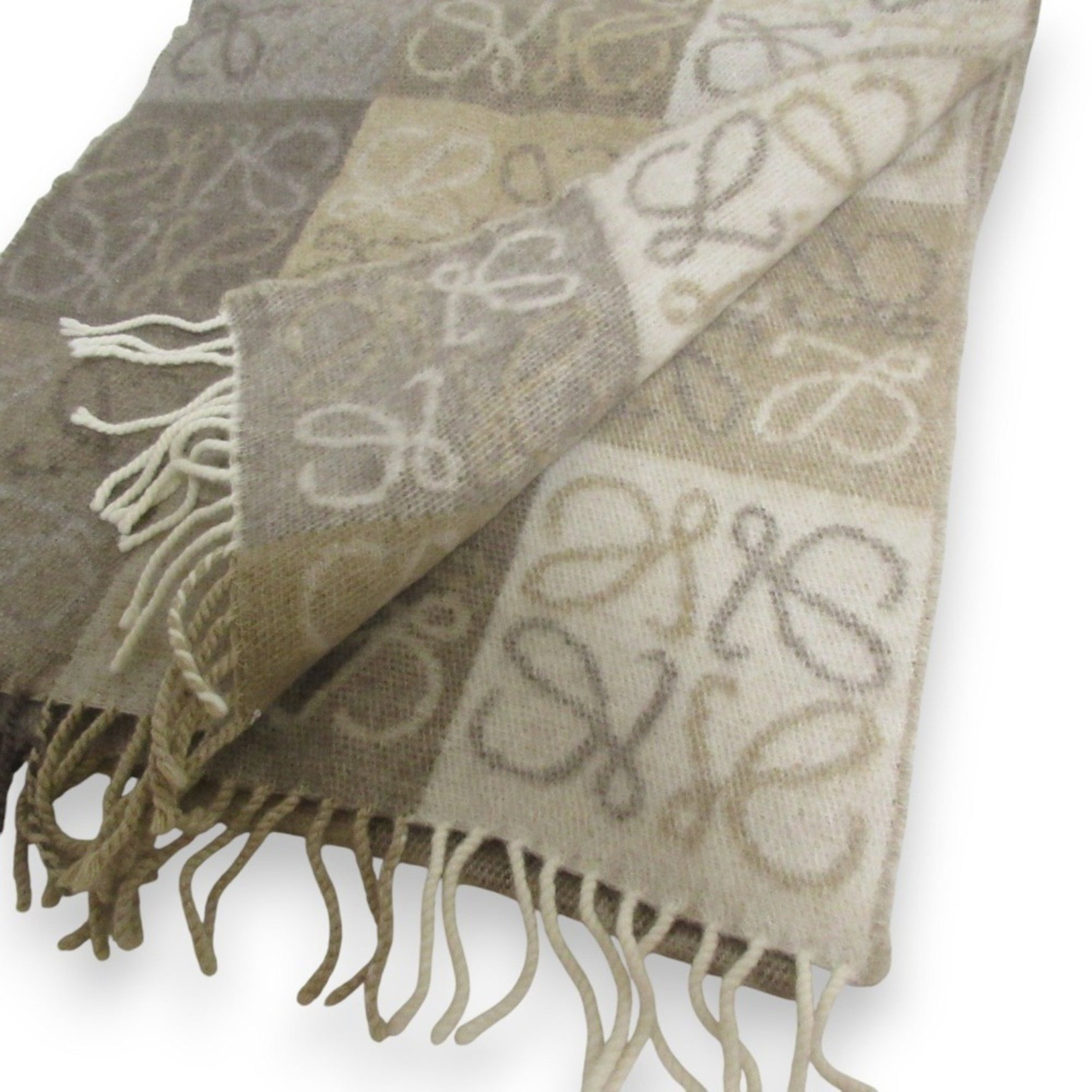 LOEWE Current Model Wool & Cashmere Double Face Anagram Checkerboard Scarf Muffler White Beige