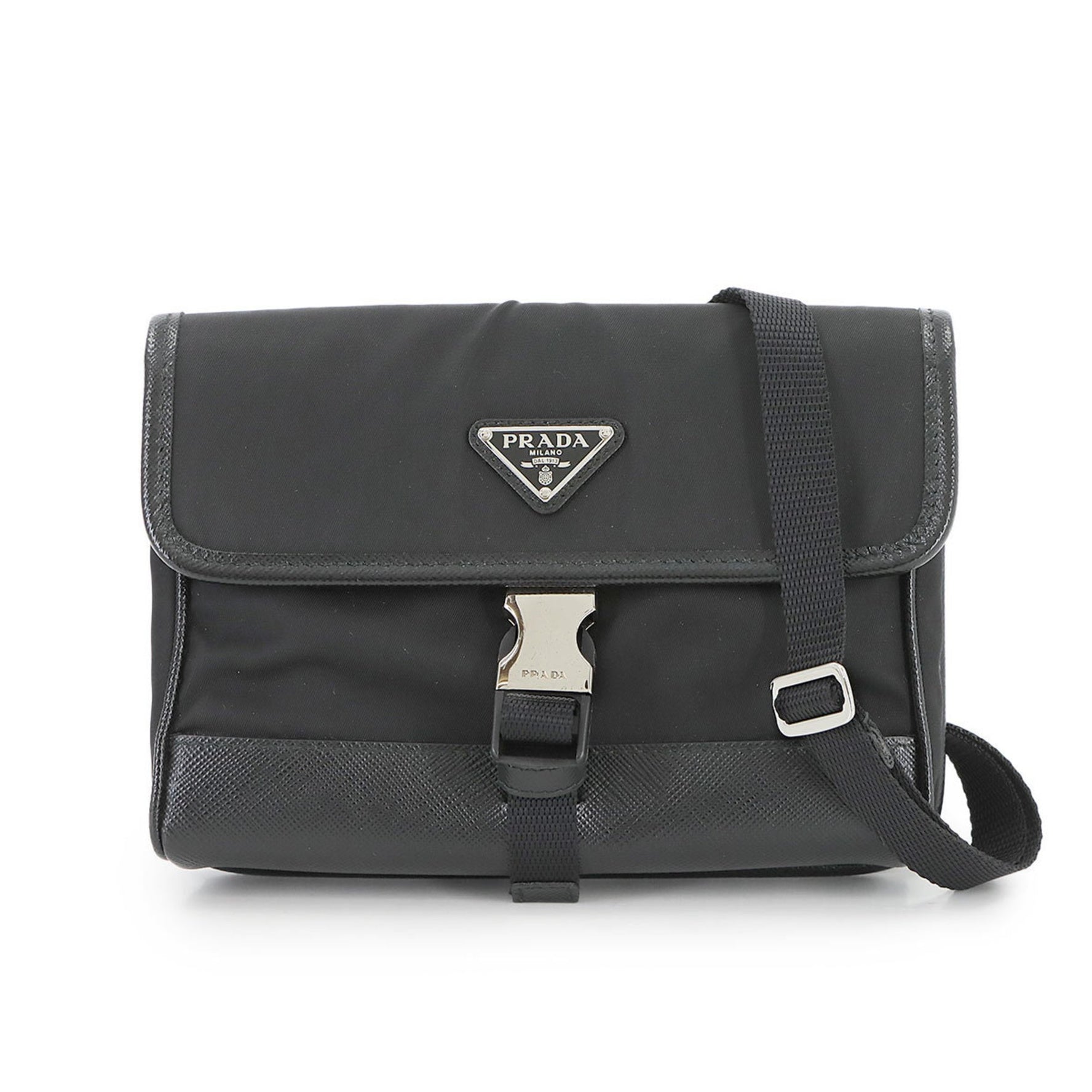 Prada Shoulder Bag in Black Saffiano Leather and Nylon with Silver Hardware, 2ZH108