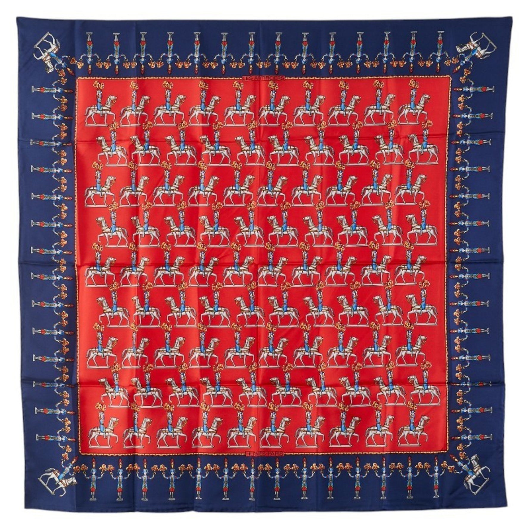 Hermes Carre 90 ARTIFICIERS Fireworks Scarf Muffler Red Navy Multicolor Silk