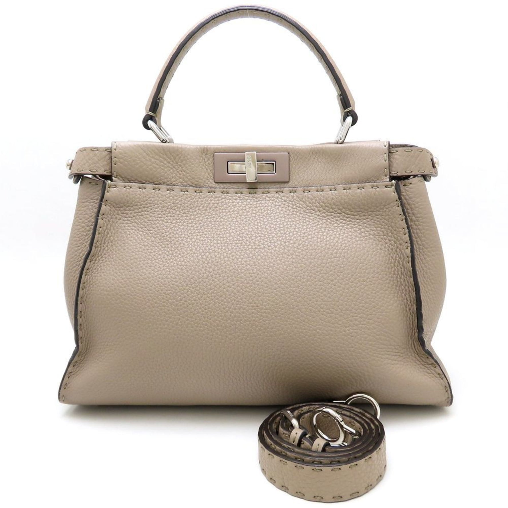 FENDI Peekaboo Handbag Selleria Leather Greige