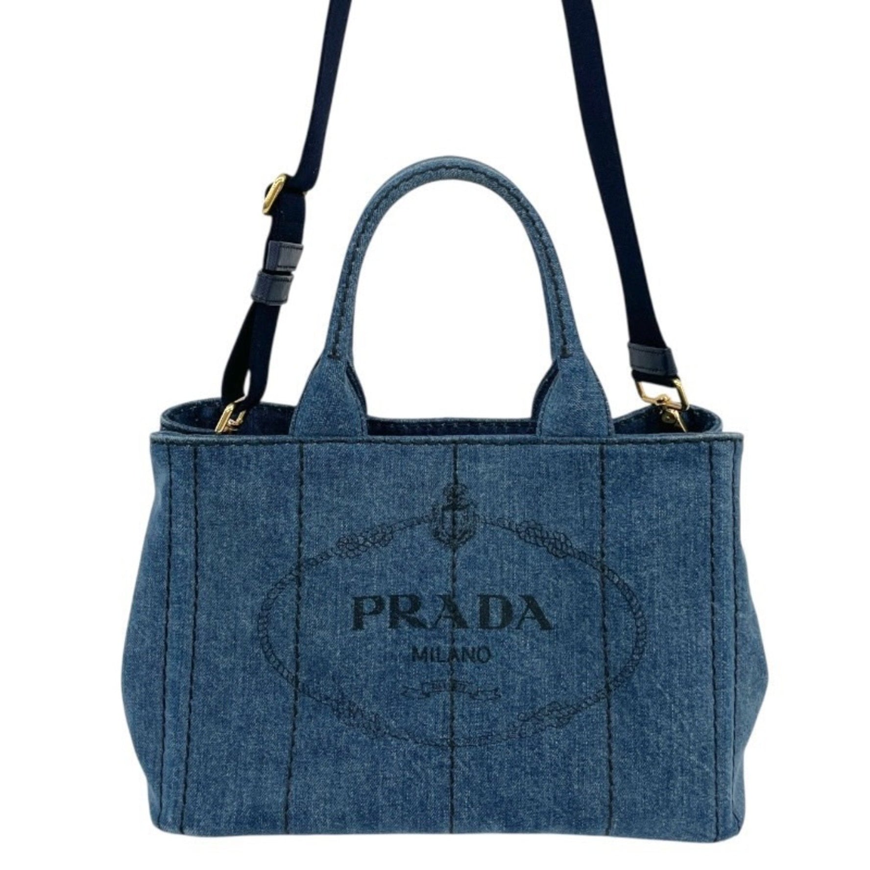 PRADA Mini Canapa Handbag, Denim, Indigo Shoulder Bag