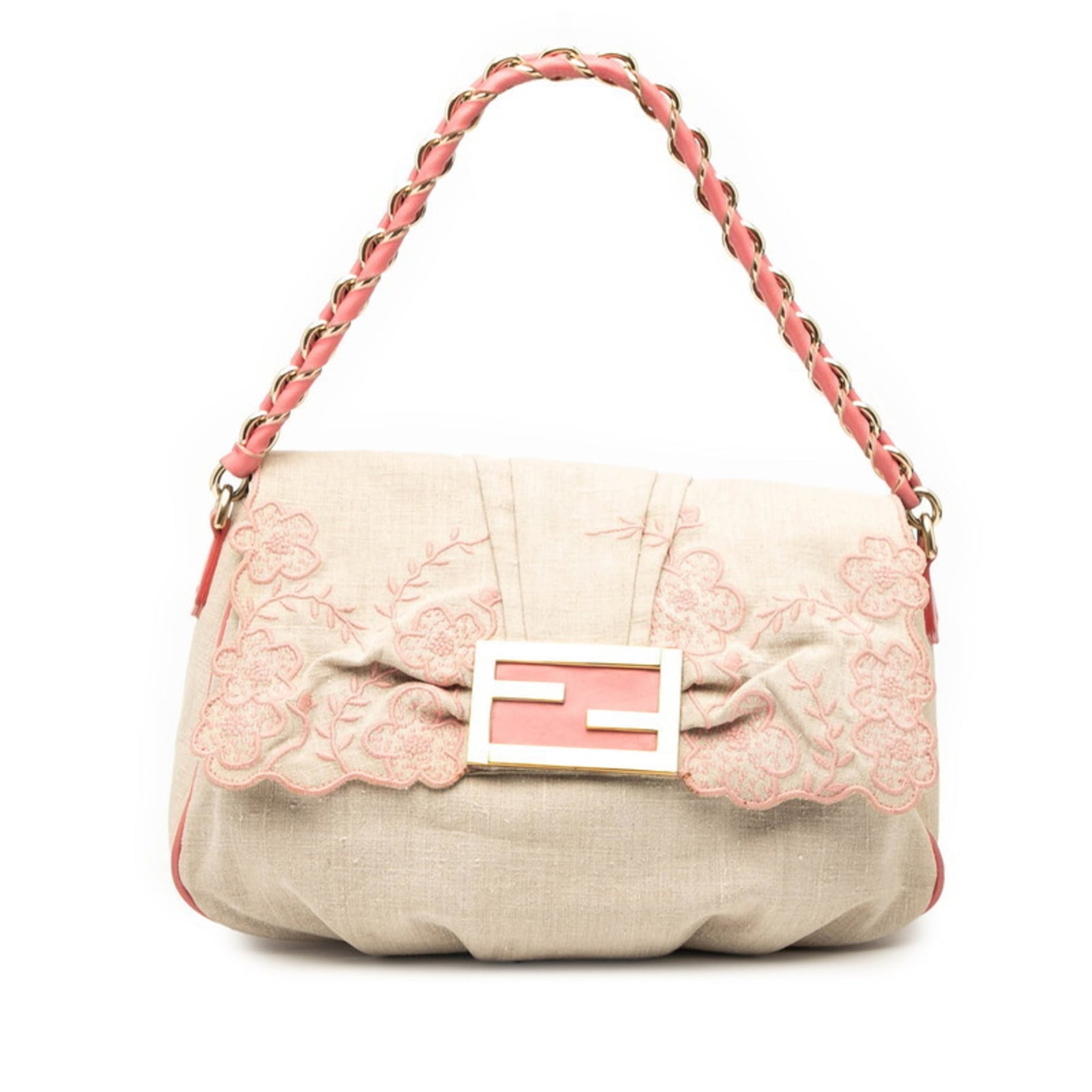 Fendi Flower Embroidered Mia One-Shoulder Bag Beige Pink Canvas Leather