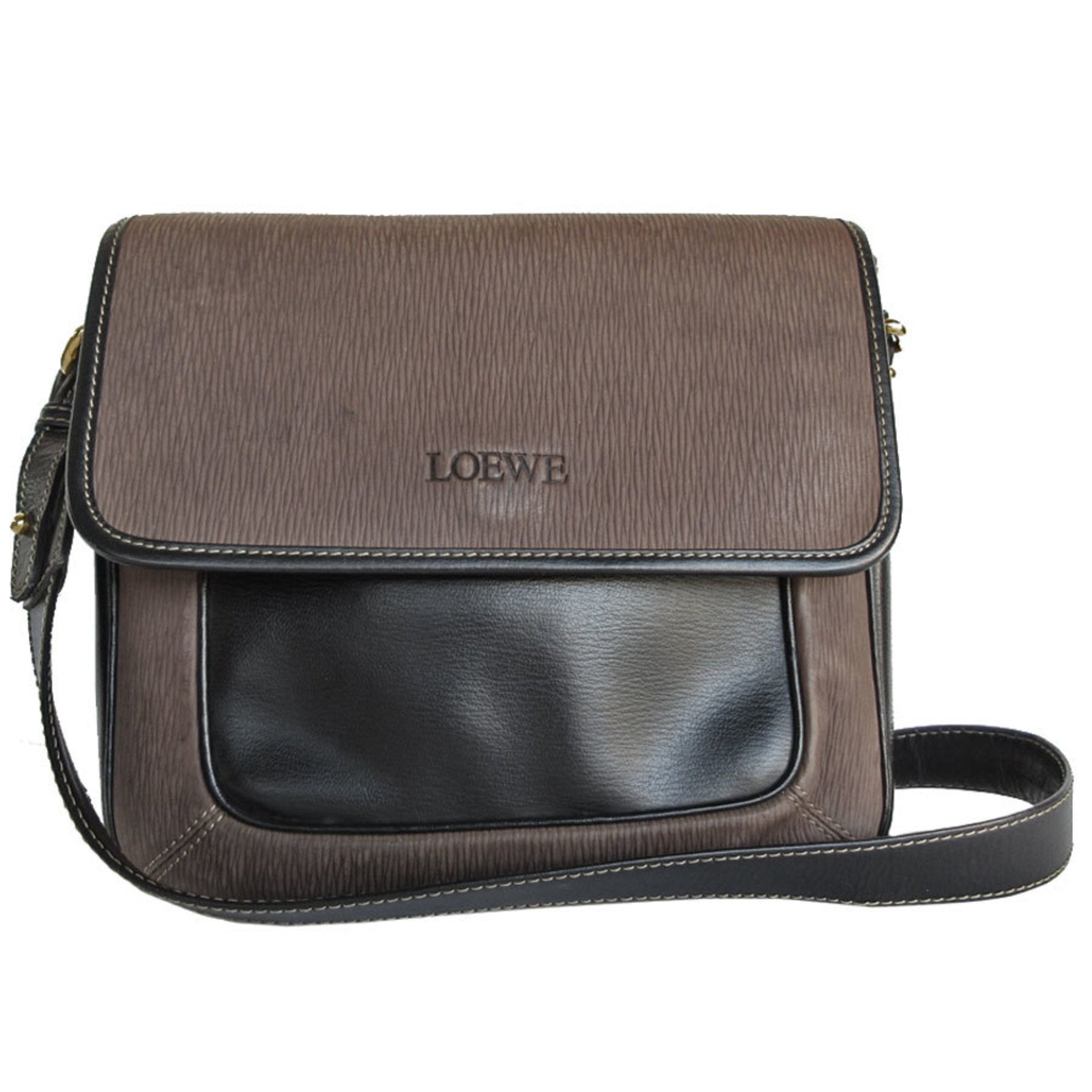 LOEWE Shoulder Bag Nubuck Leather Brown Black Gold