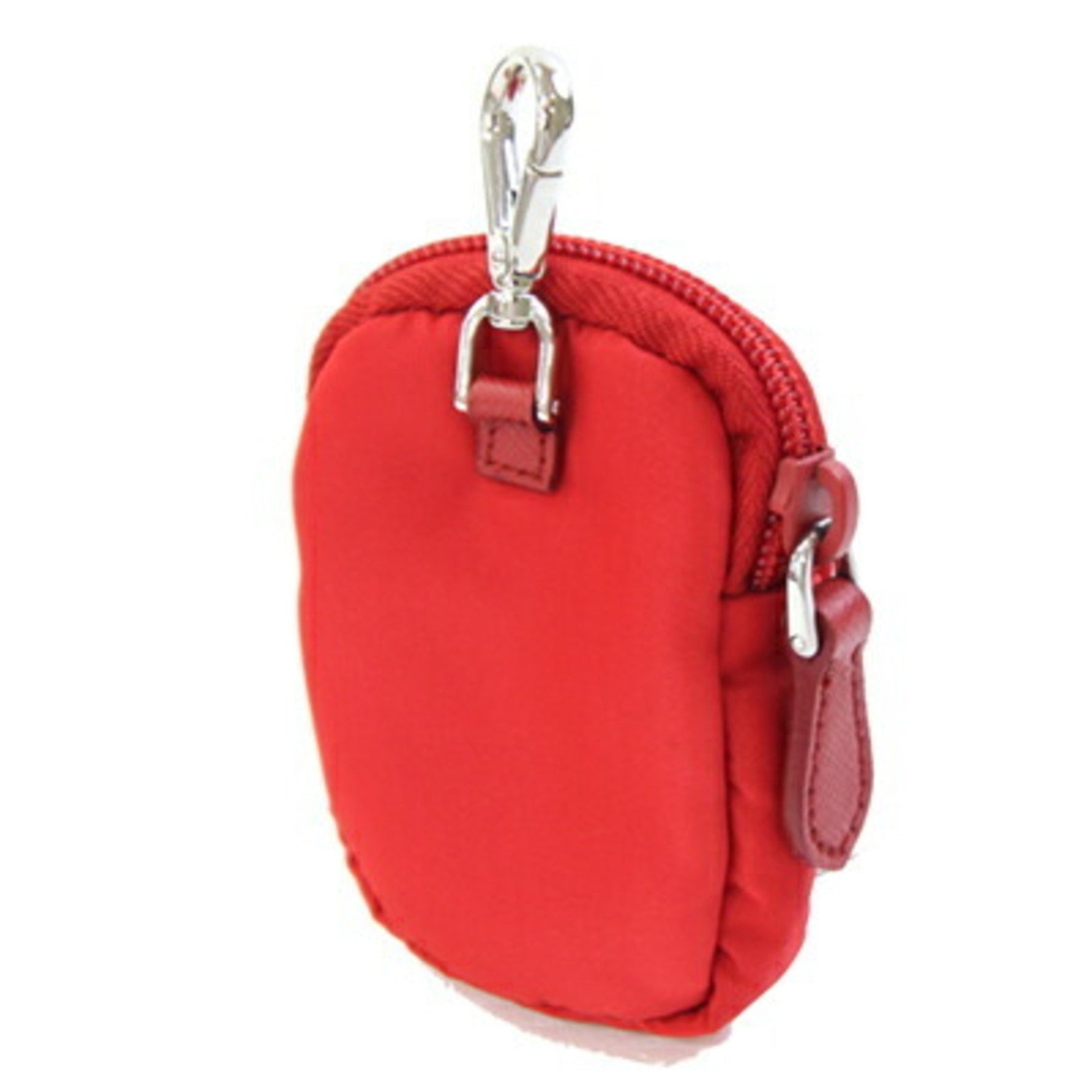 Prada red nylon and leather pouch with triangle bag charm .