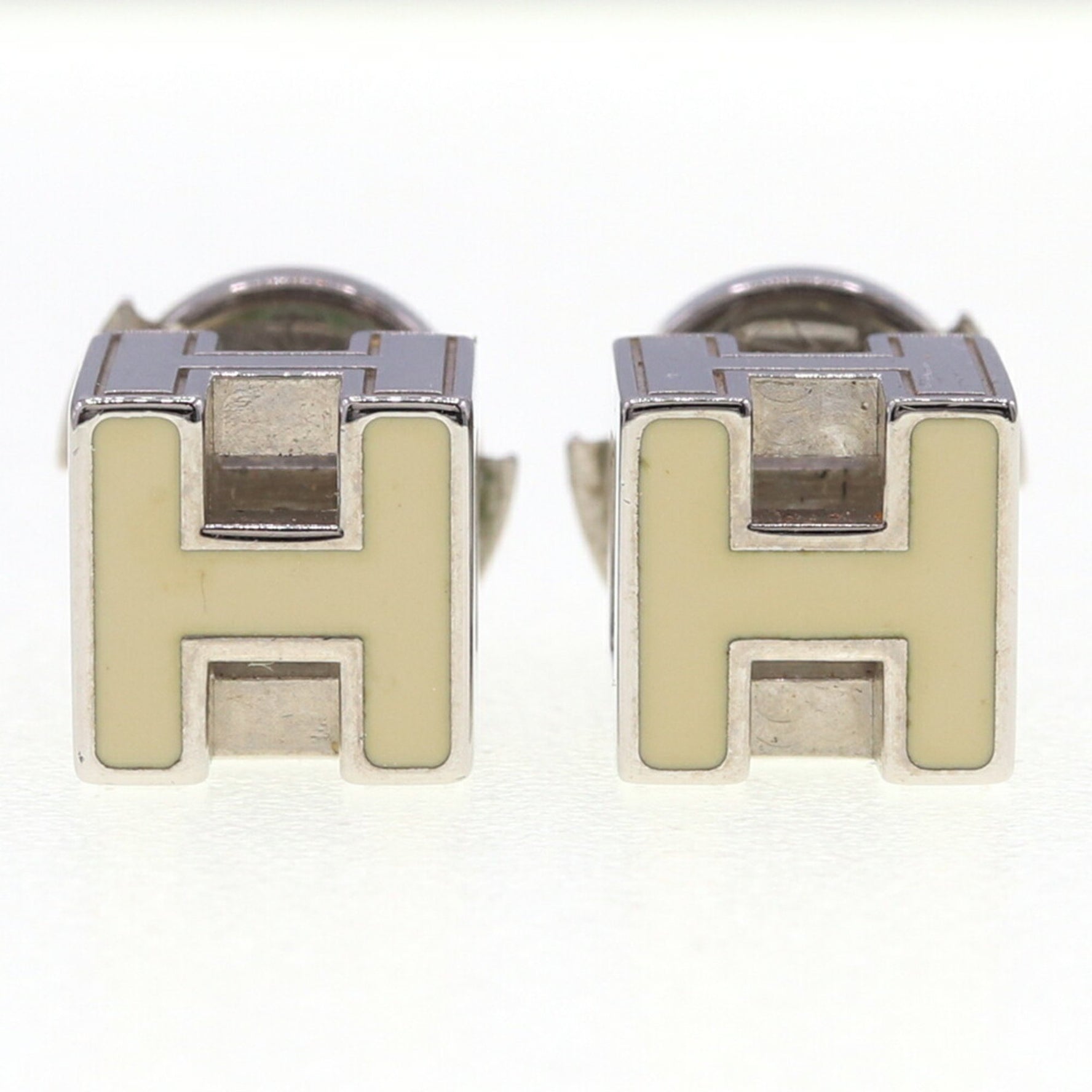 Hermes Earrings, Cage d'Ash, H Cube Ivory, Silver, Metal, Stud