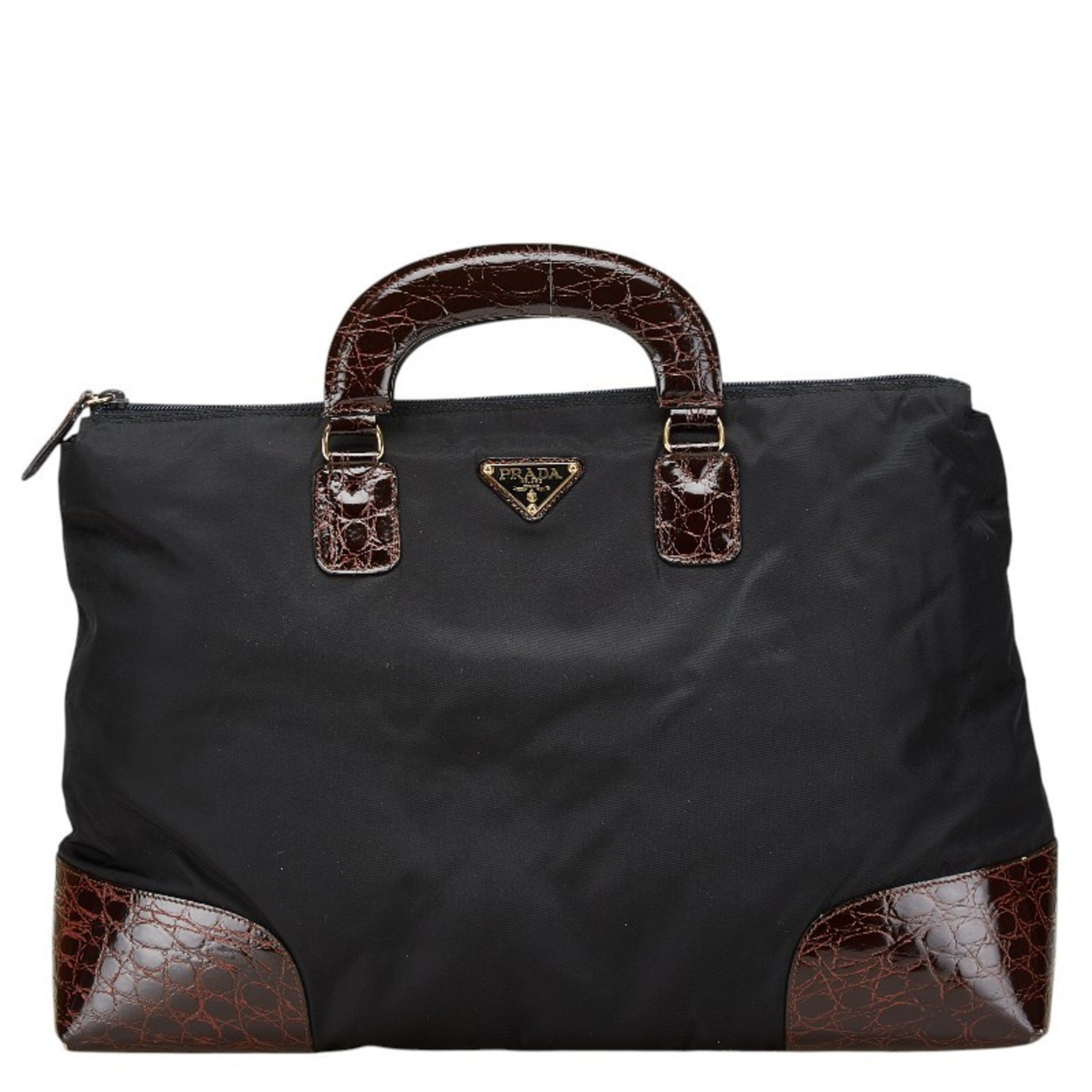 Prada Triangle Logo Plate Crocodile Embossed Handbag in Black and Brown Nylon Leather