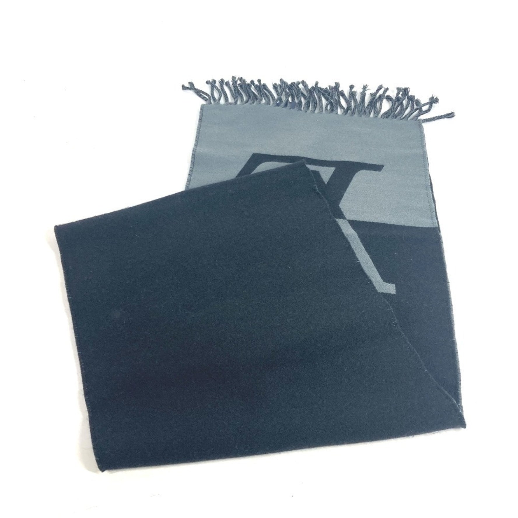 Louis Vuitton LV Logo Scarf Graphic Dual Fringe Bicolor Wool Cashmere Men Women Noir Black