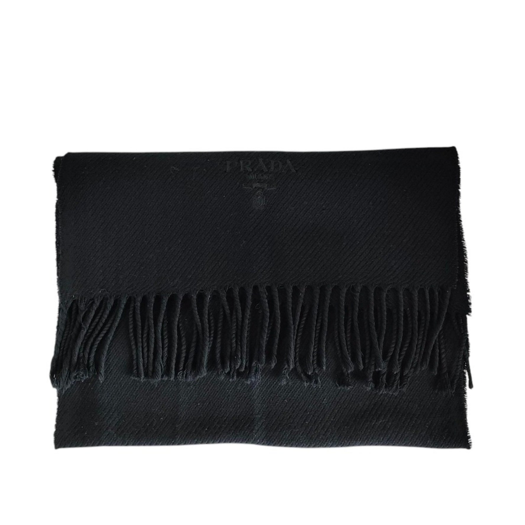 PRADA Prada Wool Logo Embroidered Fringe Scarf/Stole in Black for Women