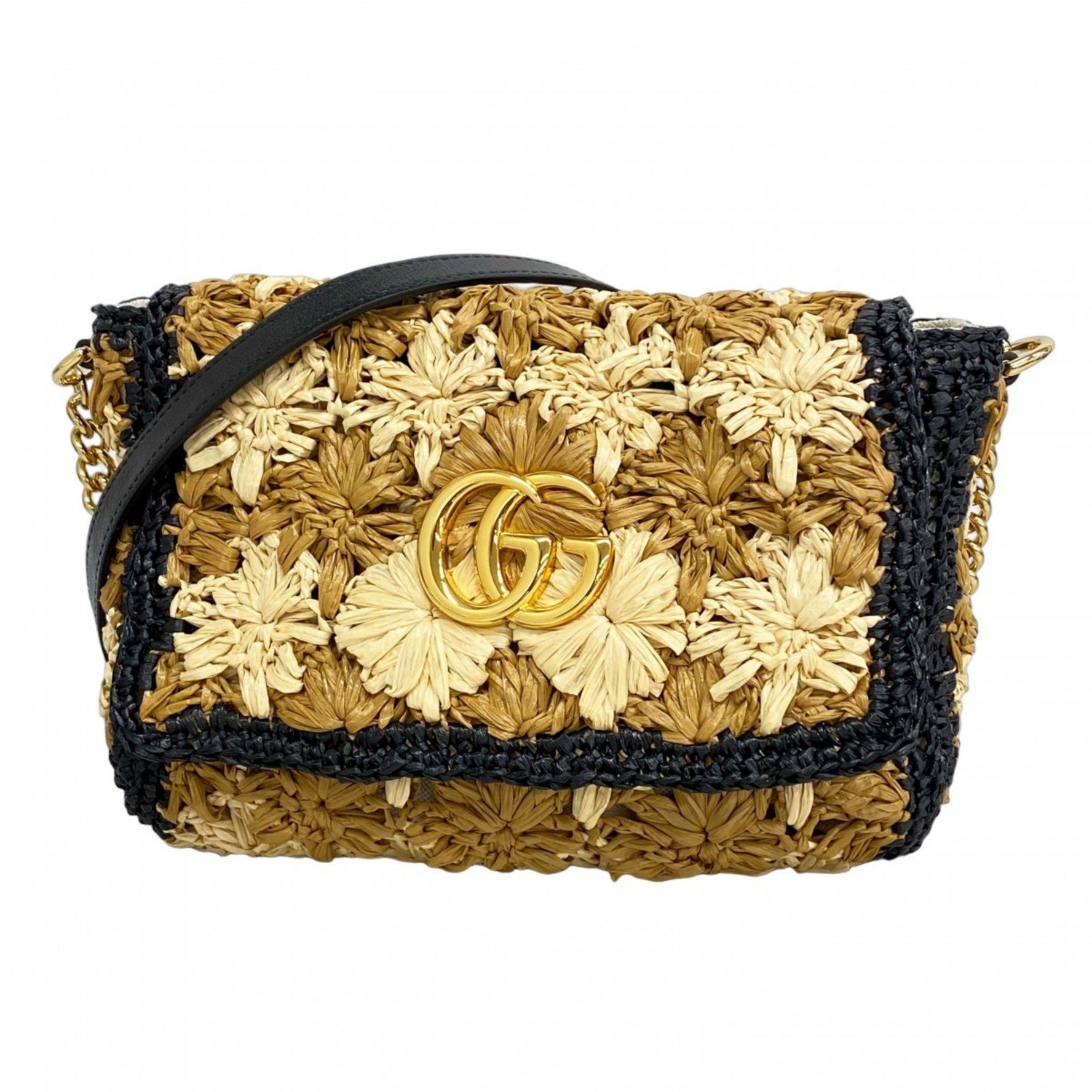 Gucci GG Marmont Shoulder Bag Raffia Black Brown