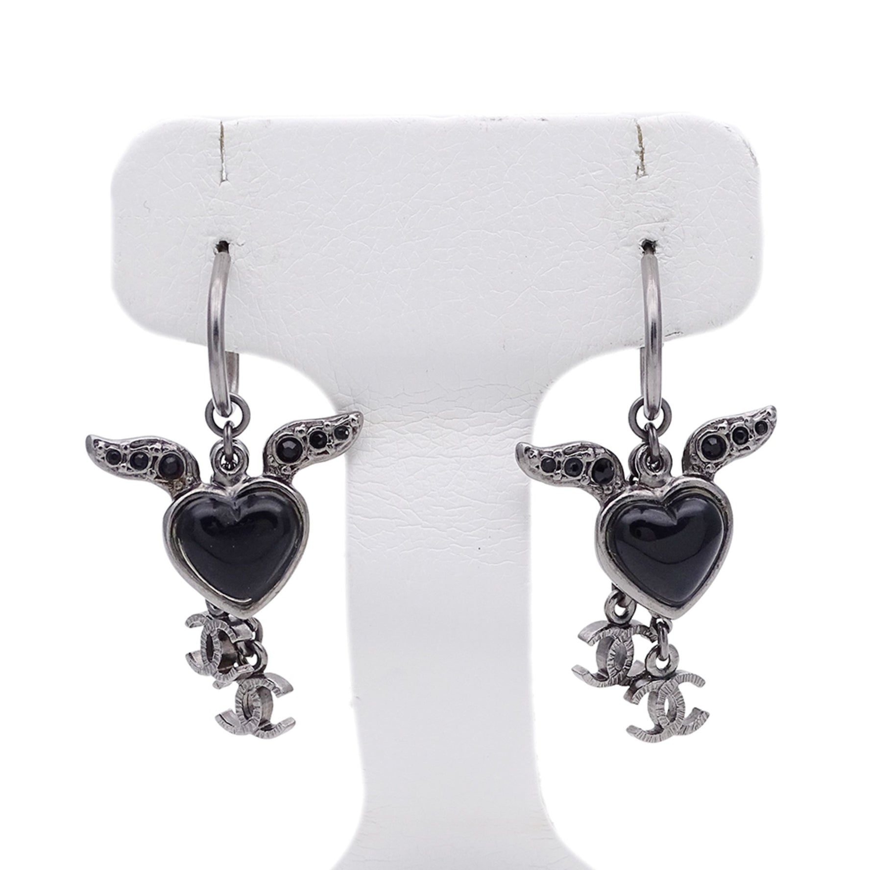 CHANEL Earrings with Rhinestones, Silver and Black, Heart Coco Mark Design