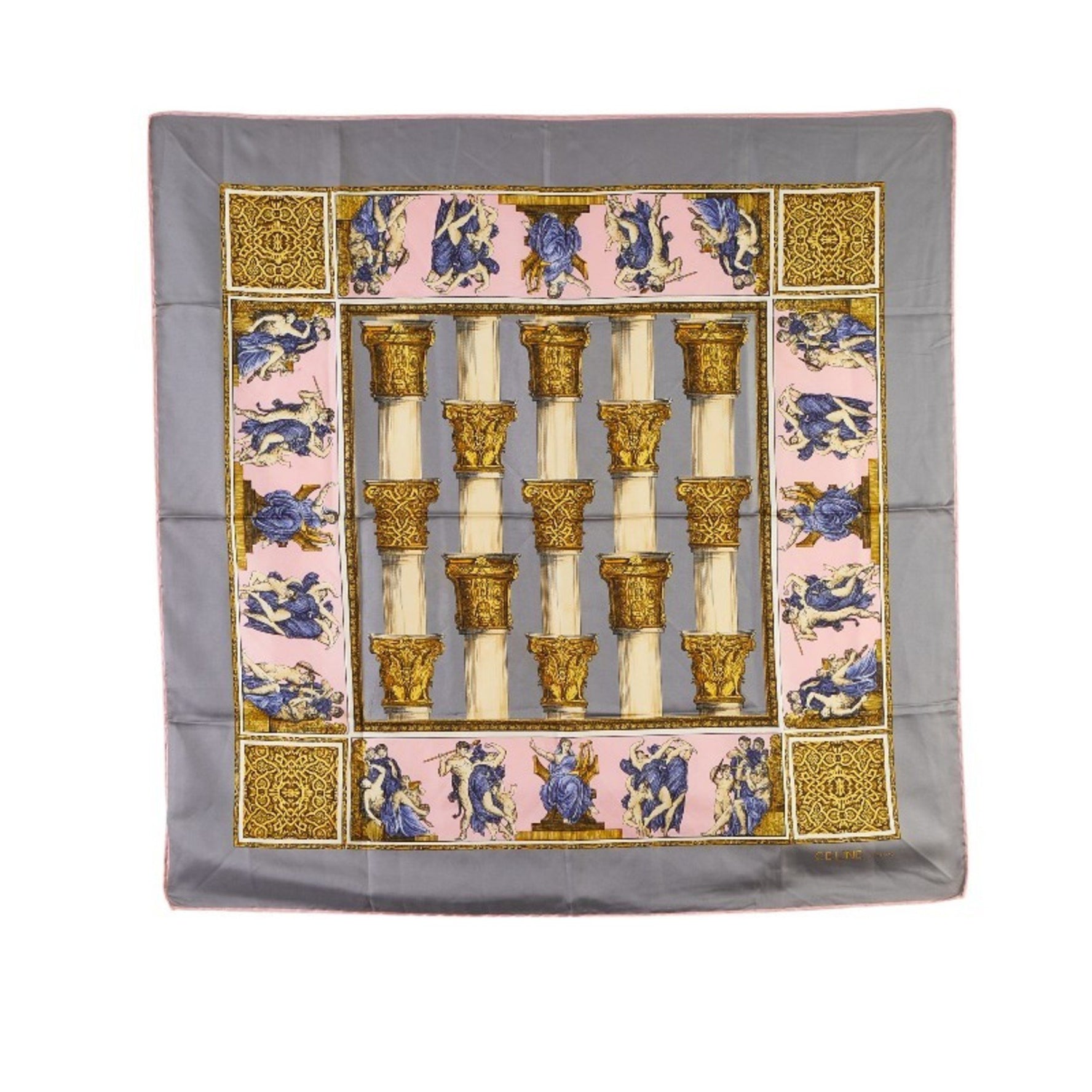 CELINE Scarf Muffler Grey Pink Multicolor Silk