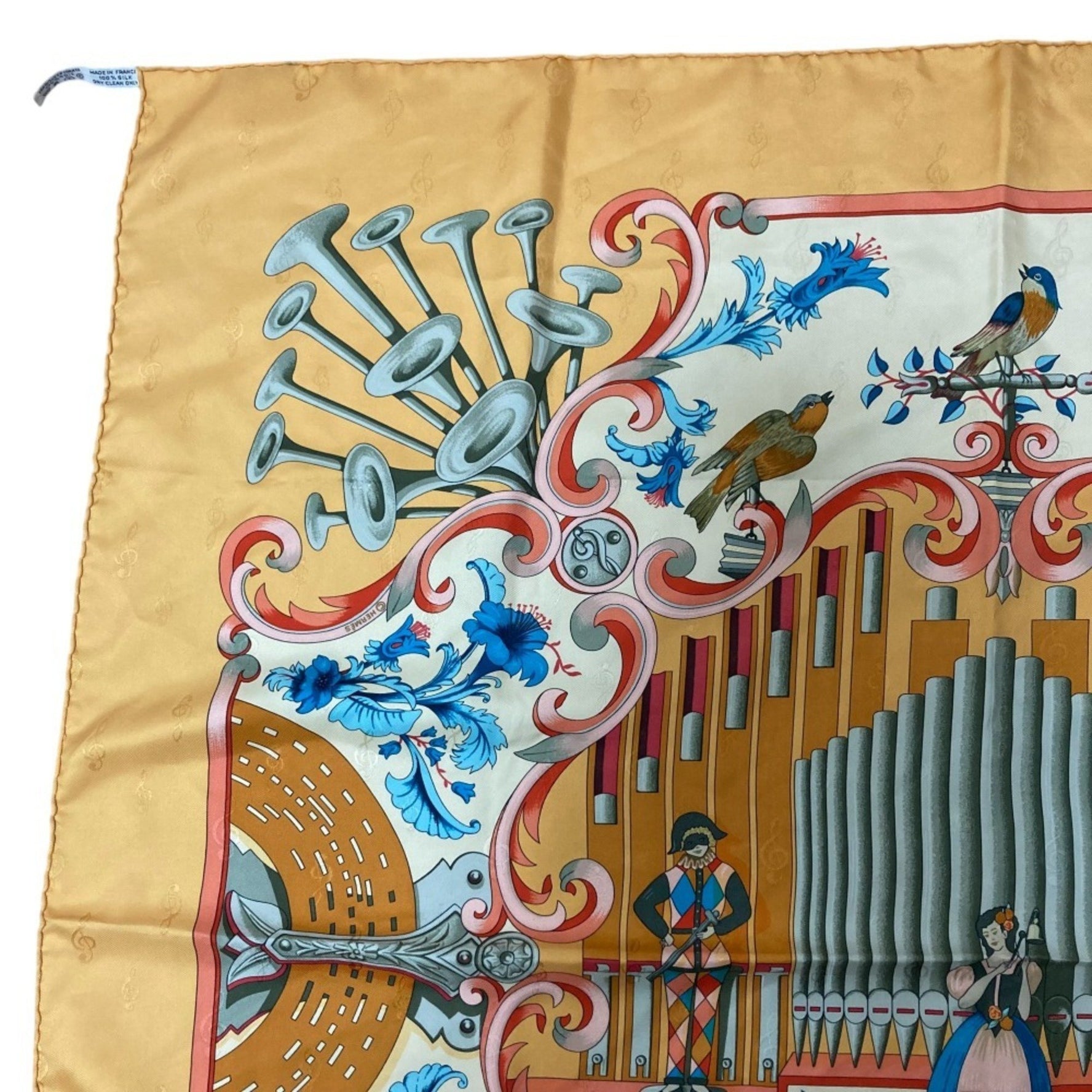 HERMES Carré 90 ORGAUPHONE ET MECHANIQUES (Pipe Organ and Mechanical Instruments) Silk Scarf/Muffler, Yellow