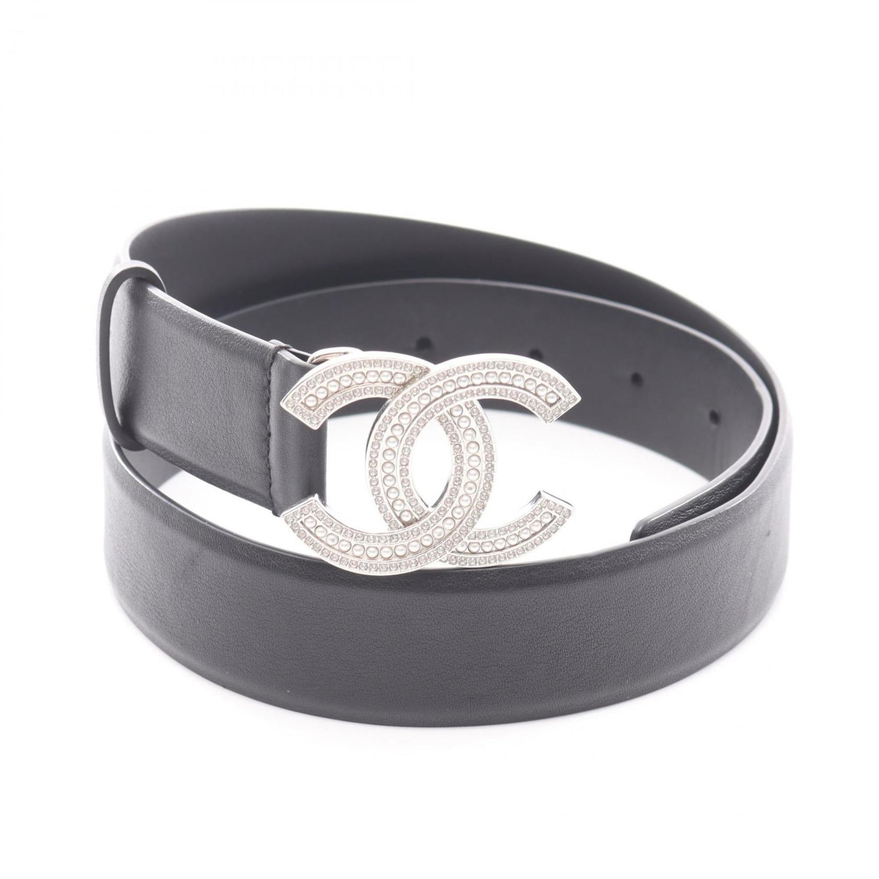 Chanel Coco Mark belt, leather, rhinestones, and faux pearls, available in black, clear, white.