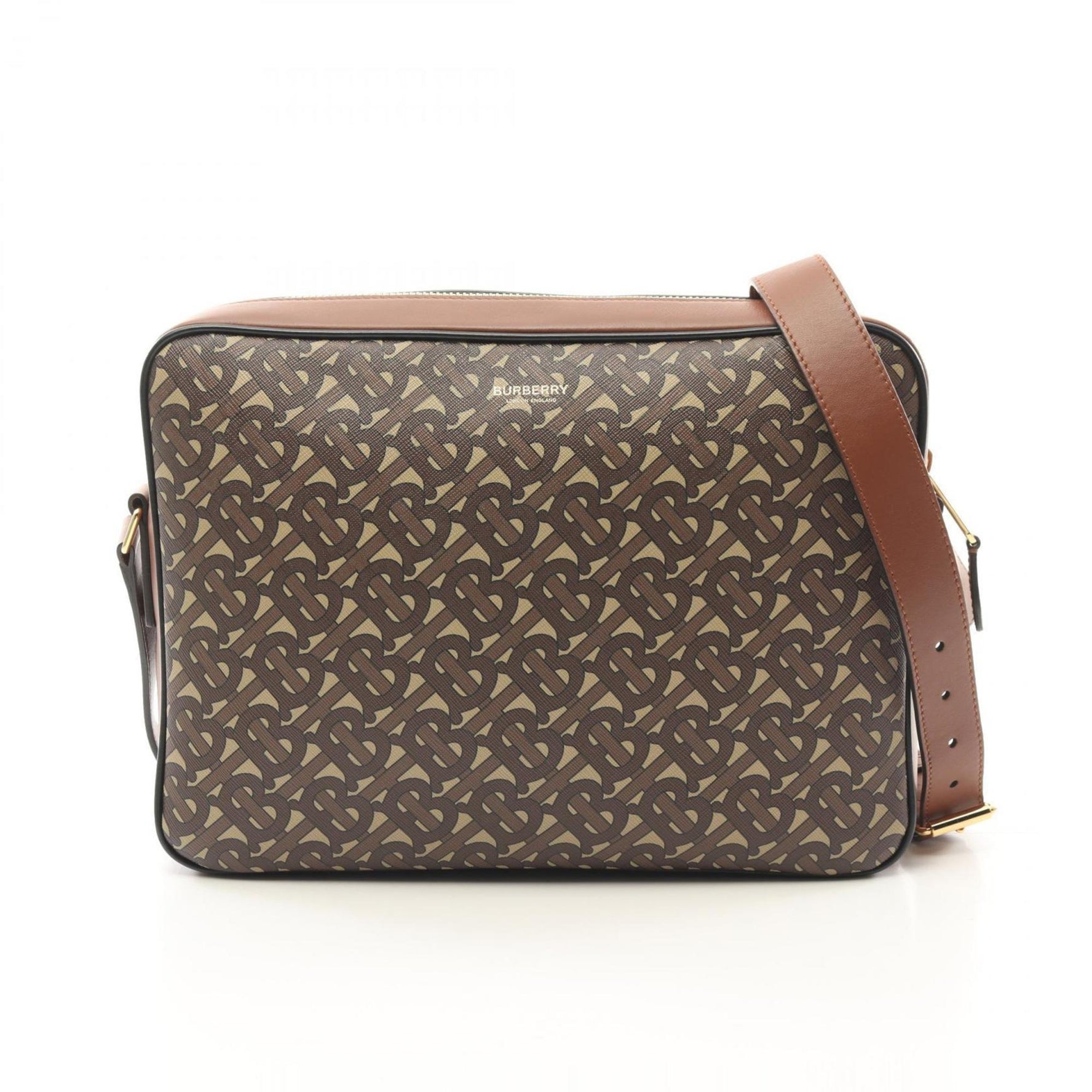 Burberry TB Monogram Shoulder Bag Coated Canvas Leather Men's Beige Brown