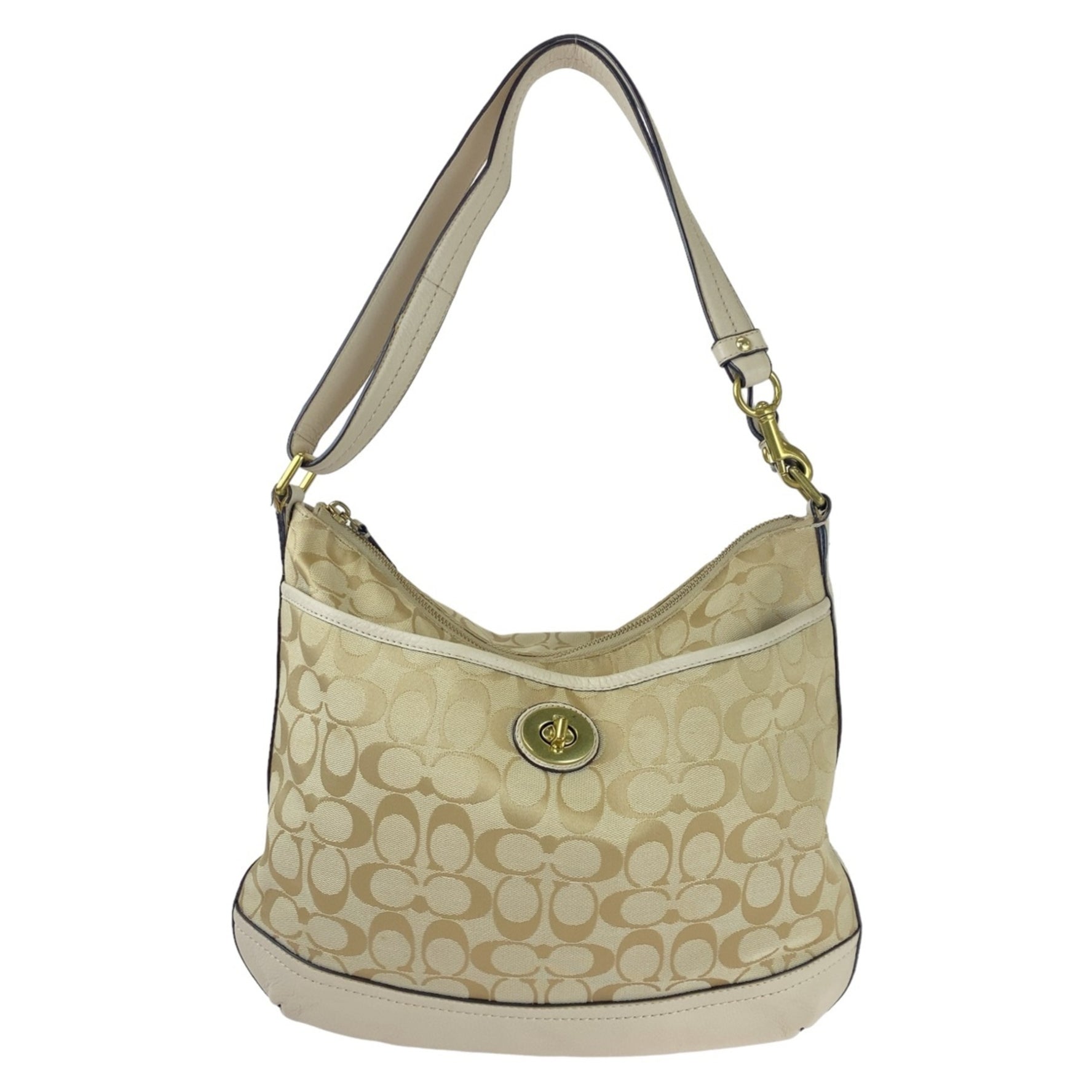 COACH Signature Beige Light Blue Gold Hardware Canvas Leather Hobo Shoulder Bag Crossbody
