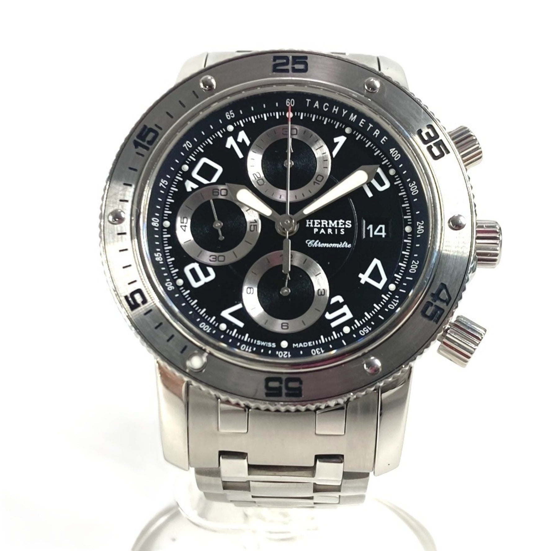 HERMES Clipper Diver Chronograph Date Watch Logo Back Skeleton Wristwatch Stainless Steel Black