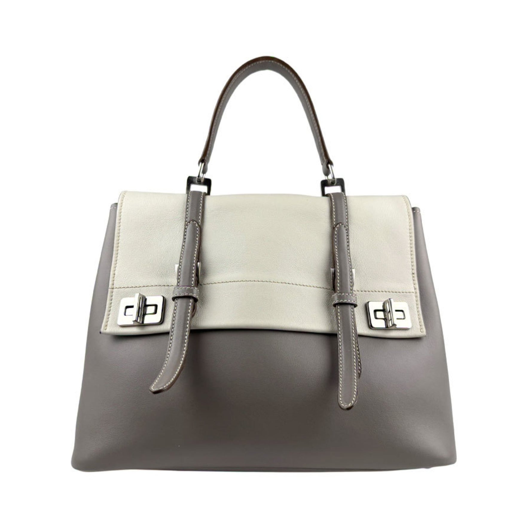 PRADA handbag shoulder bag leather grey off-white silver ladies