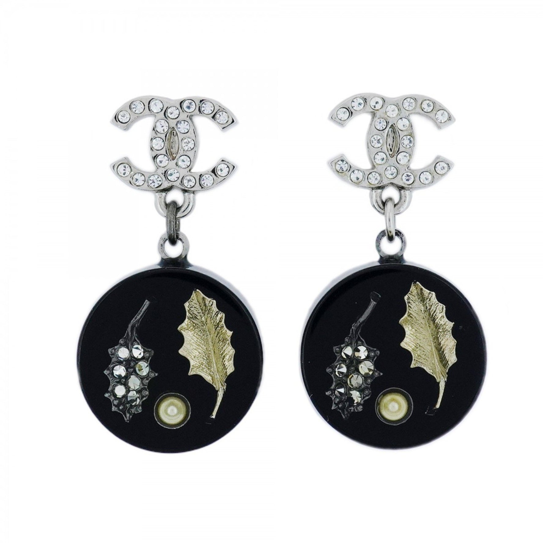 Chanel Coco Mark Circle Leaf Motif Metal Earrings with Faux Pearl and Rhinestones in Silver Black