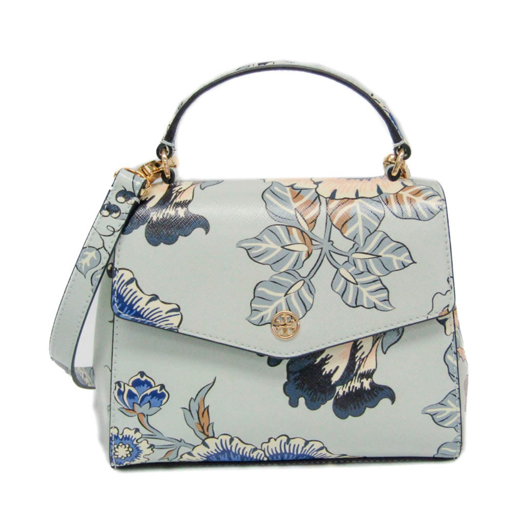 Tory Burch Robinson Floral Leather Handbag,Shoulder Bag Light Blue,Multi-color