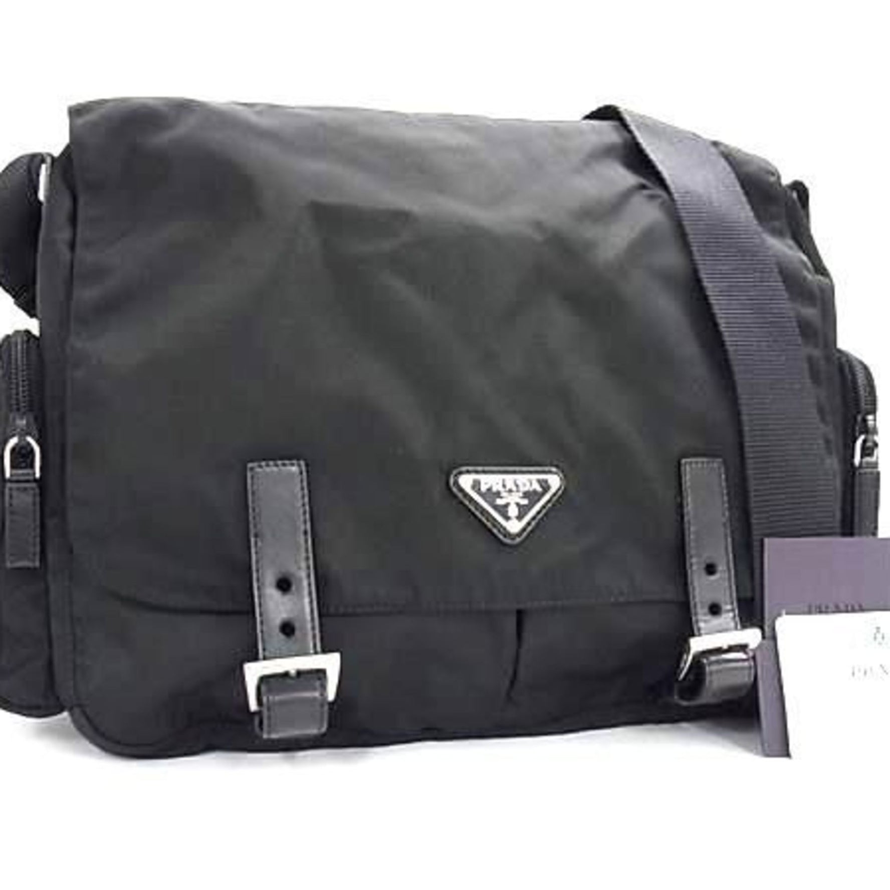 PRADA Shoulder Bag Black Nylon and Leather with Triangular Plate White Tag Women