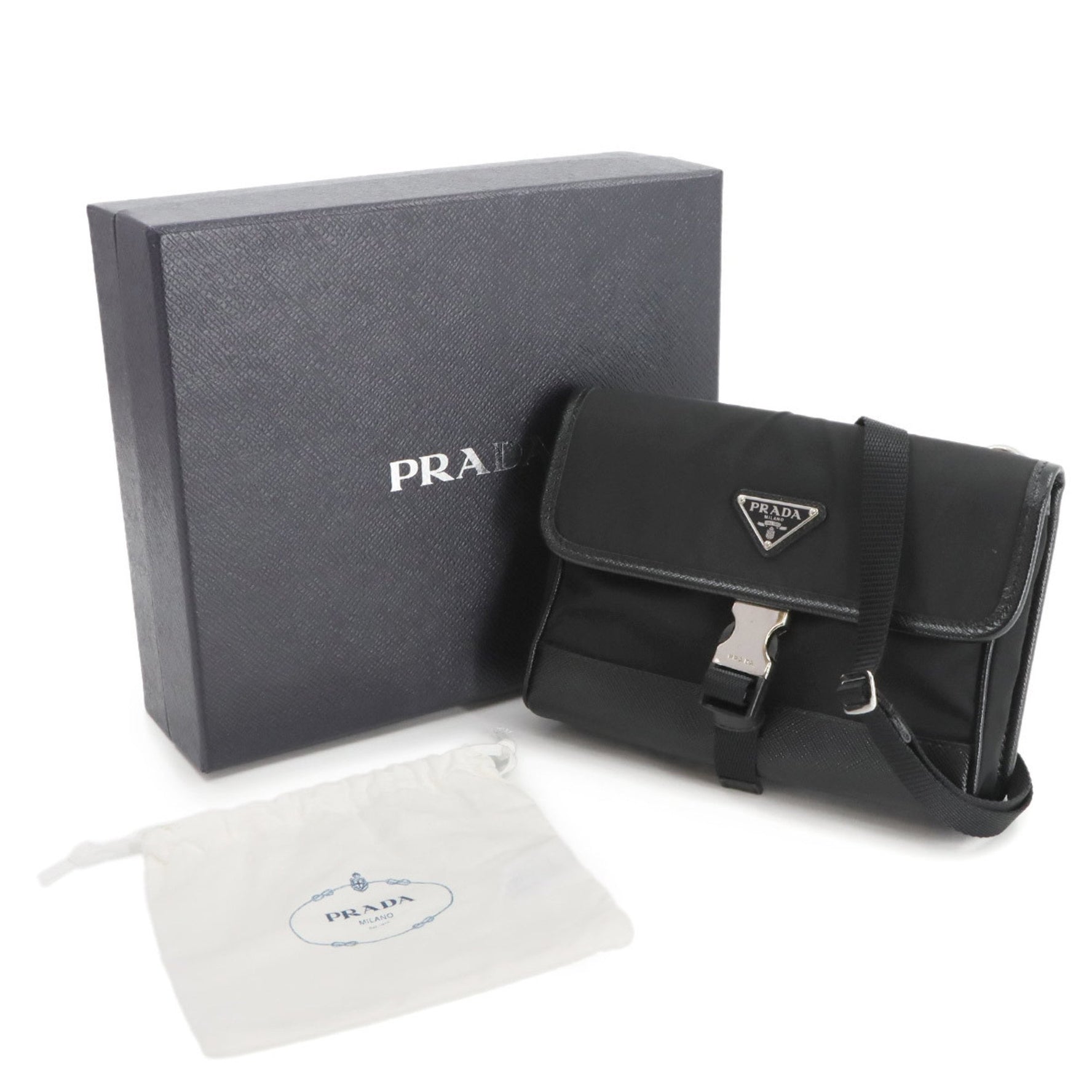 Prada Shoulder Bag in Black Saffiano Leather and Nylon with Silver Hardware, 2ZH108