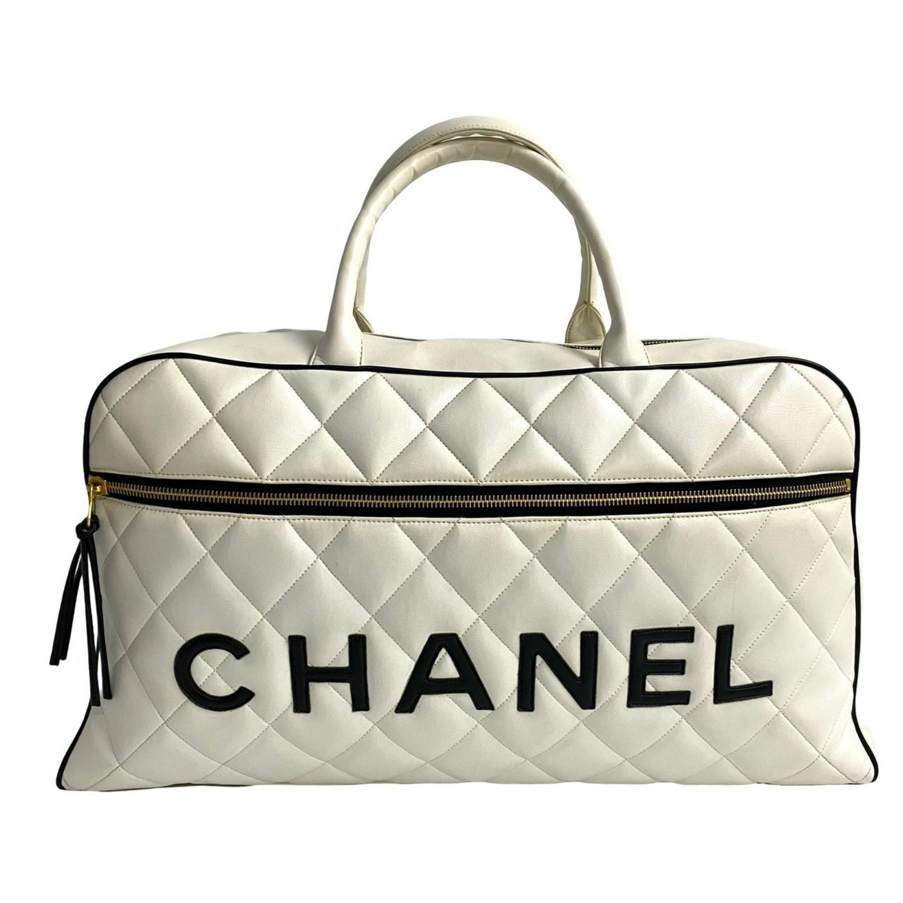 CHANEL Matelasse Sport Line Logo Leather Boston Bag in White and Black