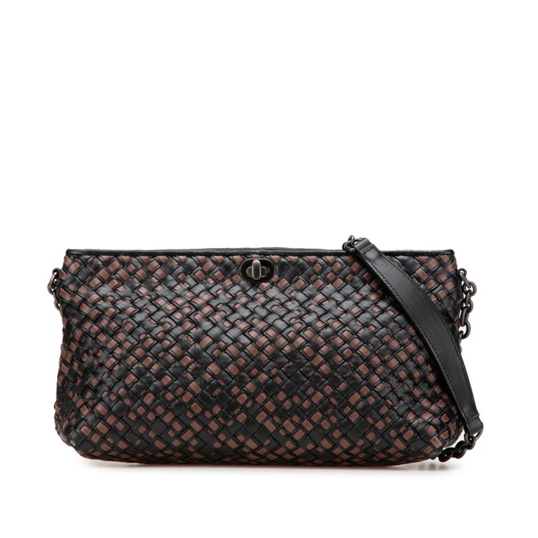 Bottega Veneta Intrecciato Chain Shoulder Bag in Black Brown Leather