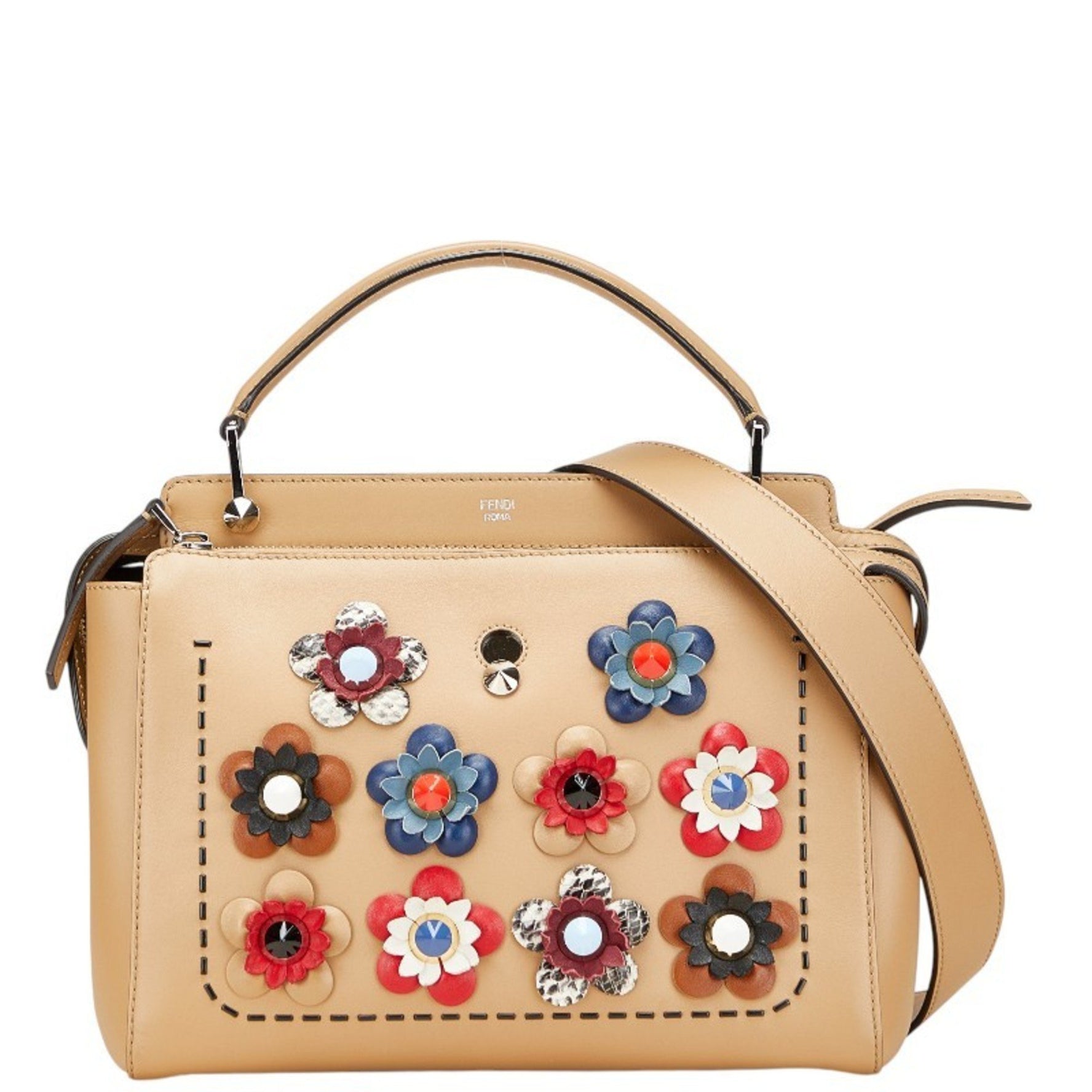 FENDI.com Flower Stud Handbag/Shoulder Bag Beige Multicolor Leather FENDI