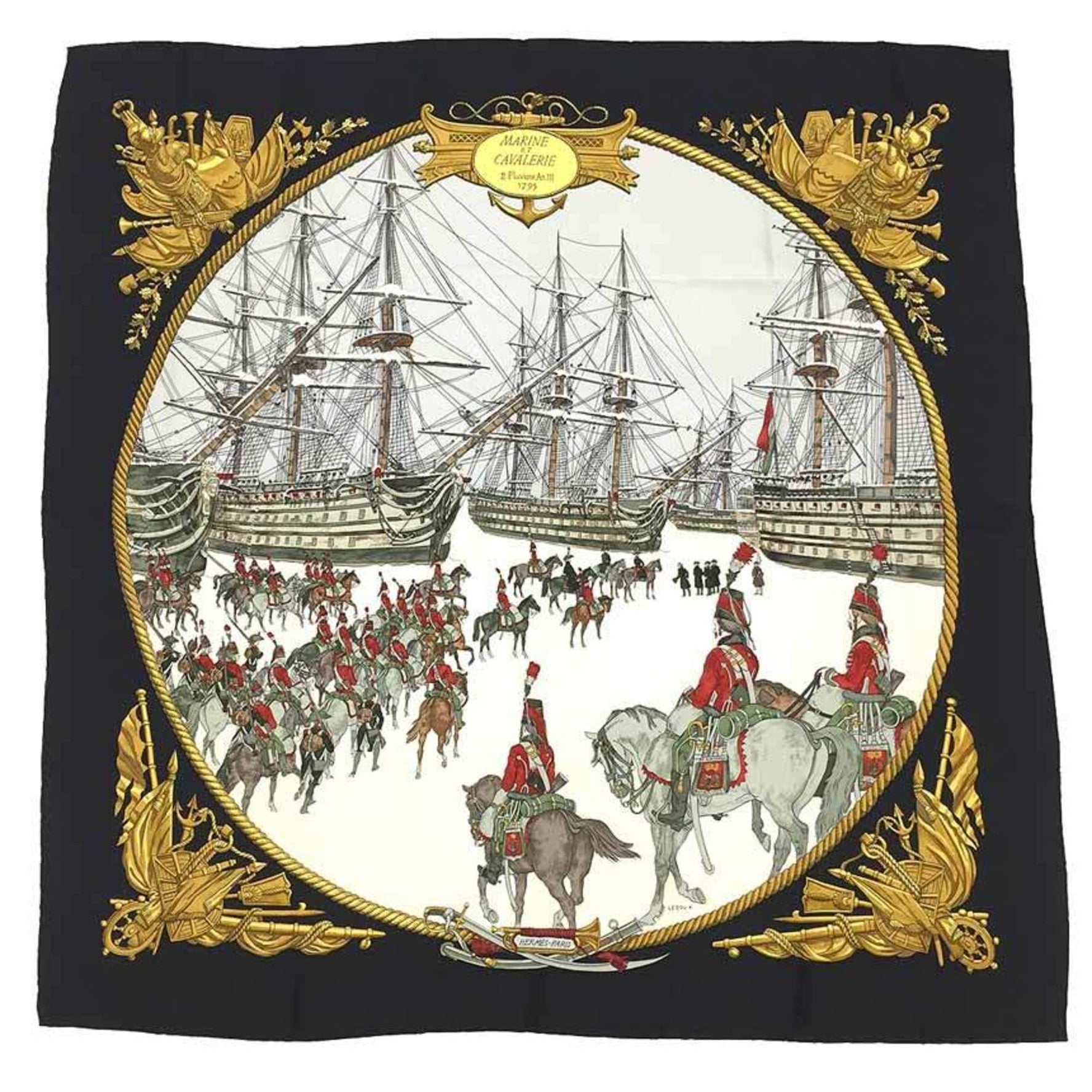 HERMES Scarf Muffler Carre 90 MARINE ET CAVALERIE 100% Silk