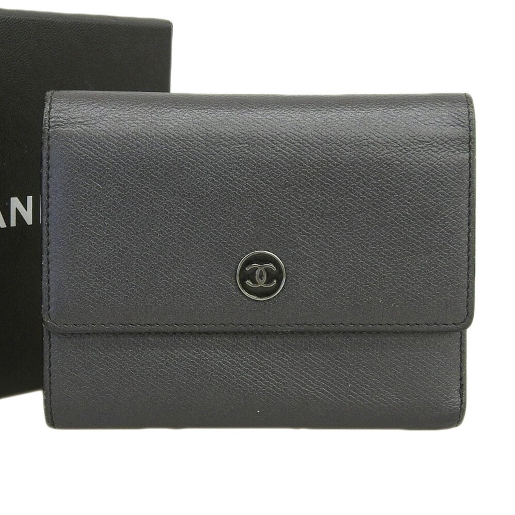 Chanel here mark logo button tri-fold wallet leather with seal 10 series