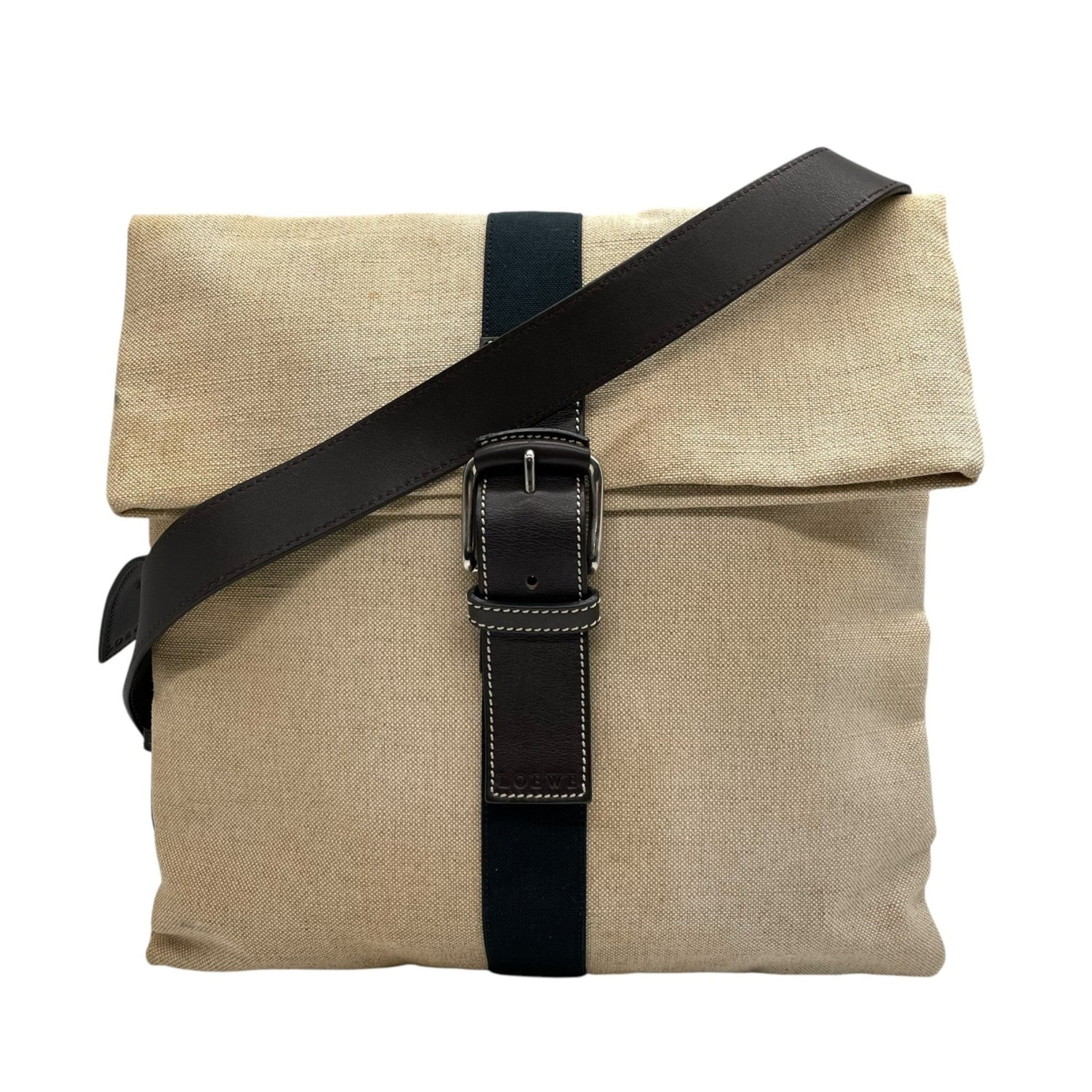 LOEWE Shoulder Bag Canvas Leather Men's Beige Brown Belt Design Crossbody