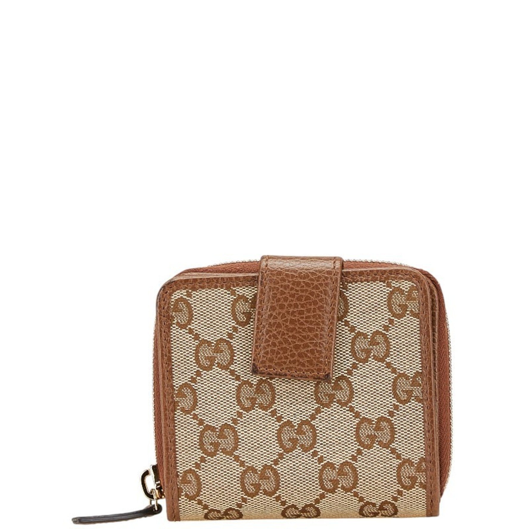 Gucci GG Canvas Zip-Around Bifold Wallet Beige Brown Leather