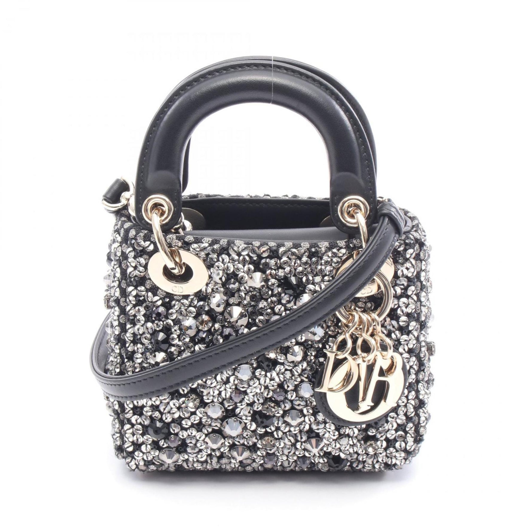 Christian Dior Dior Lady Micro Handbag Leather Rhinestone Bag Black / Clear Silver