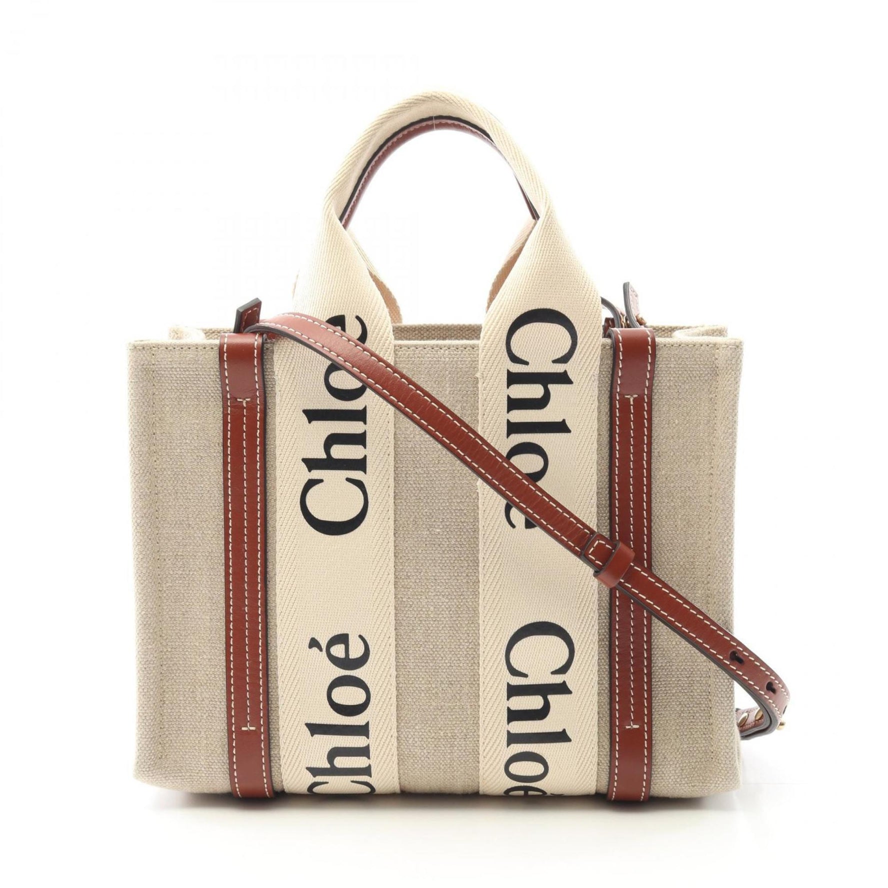 Chloé Chloe WOODY Small Handbag, Fabric and Leather, Beige Brown