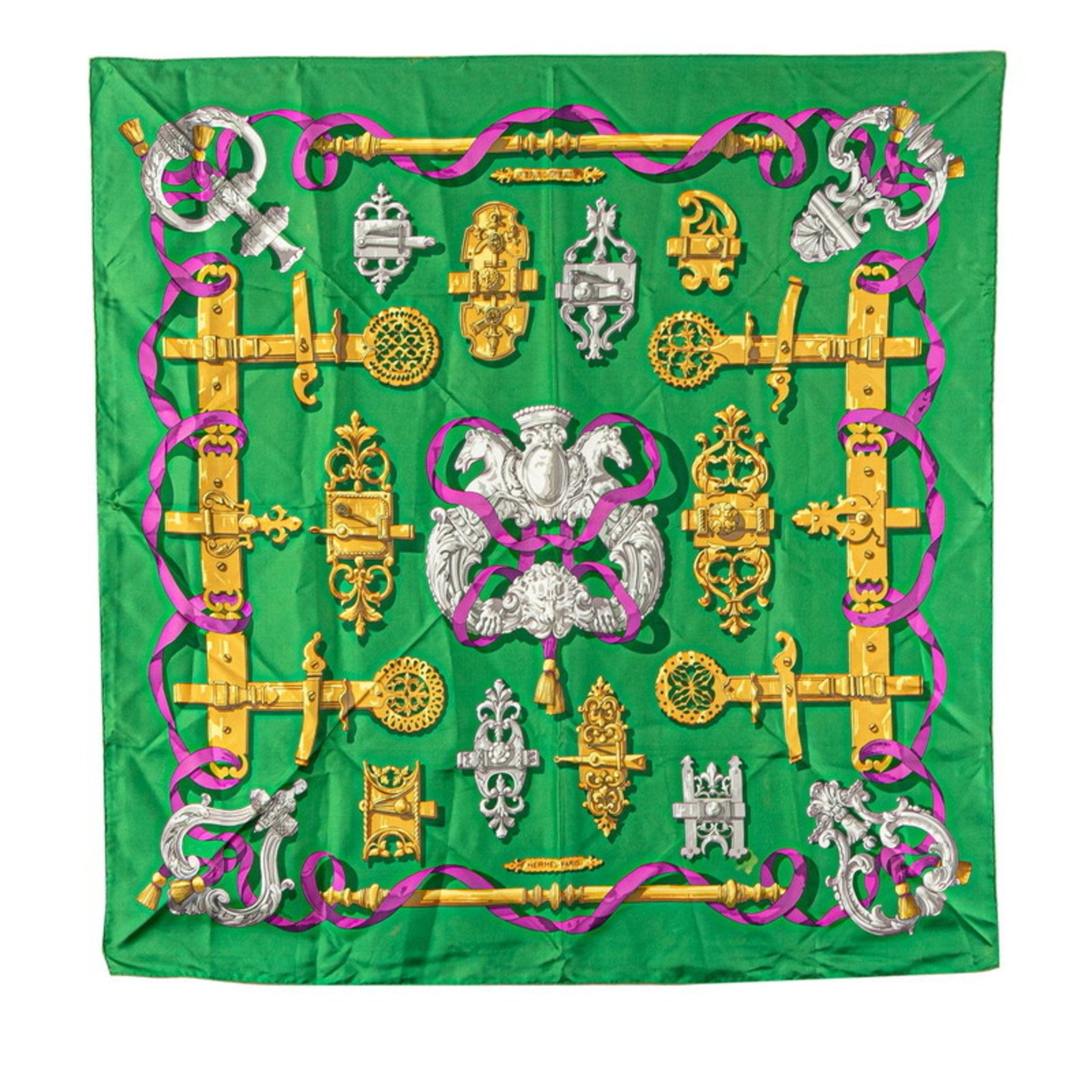 Hermes Hermès Carré 90 Ferronnerie Ironwork Scarf, Green Multicolor Silk