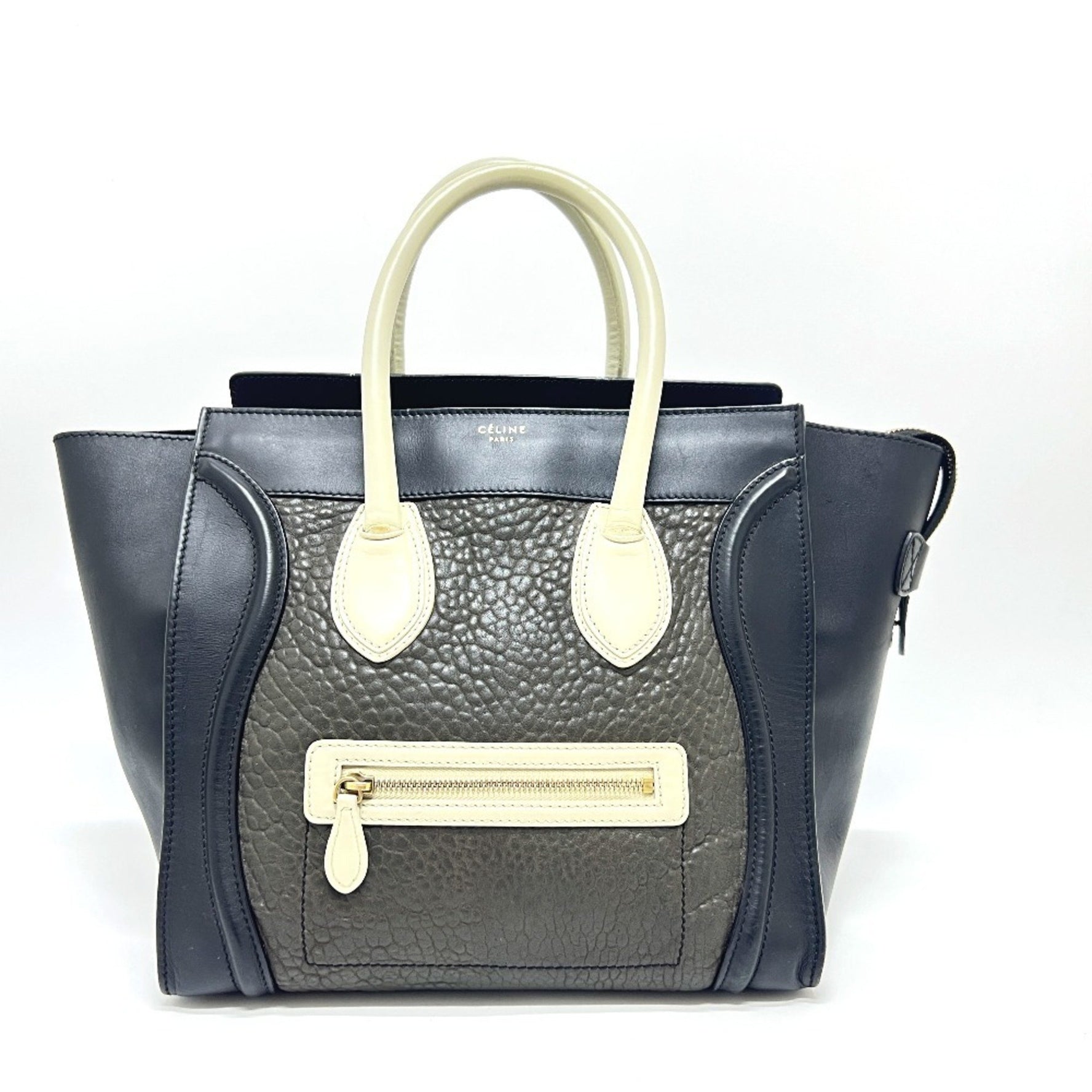 CELINE Luggage Medium Bag Handbag Tote Leather Black x Gray White