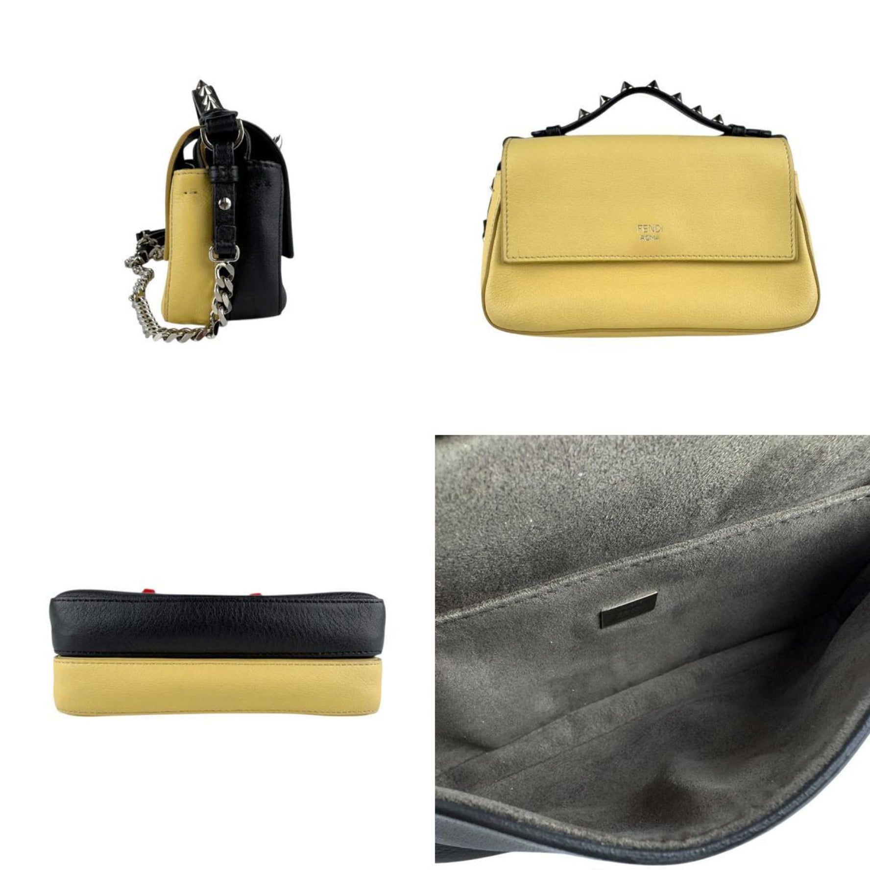 Fendi Double Micro Baguette Shoulder Bag in Black and Yellow Beige Leather