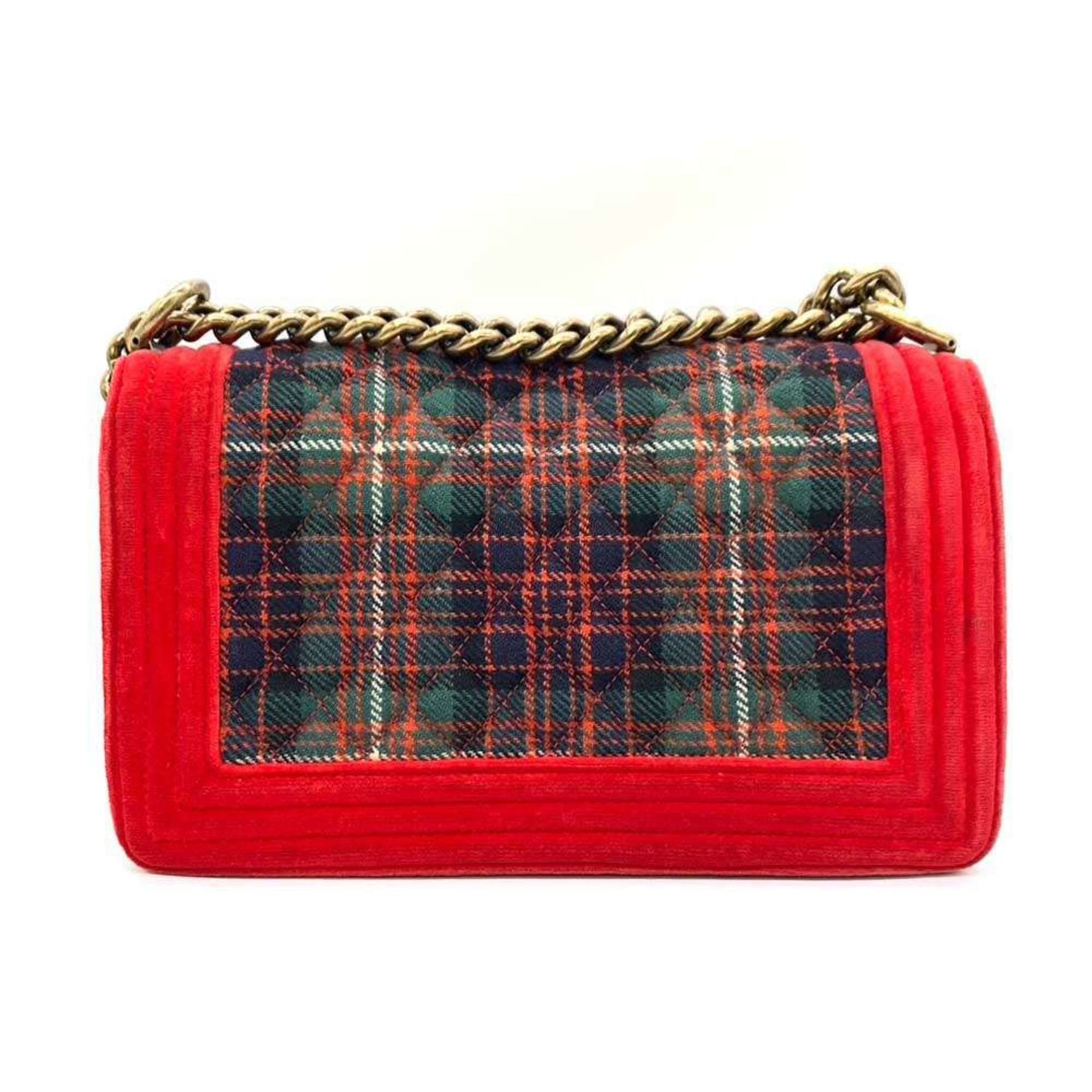 Chanel Bag Boy Chain Shoulder Red x Green Checkered Horizontal Velour Canvas