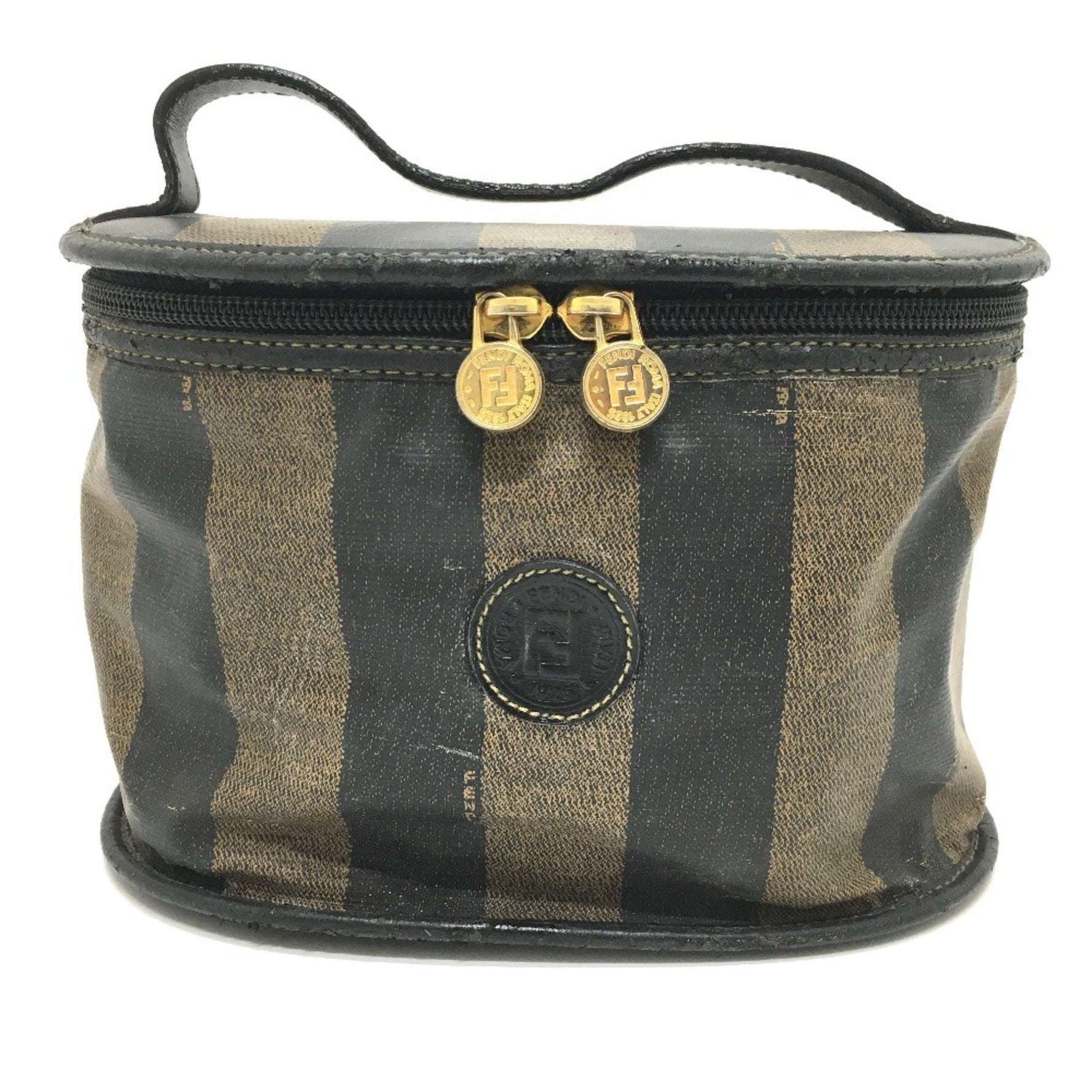 FENDI FF Pecan Oval Vanity Bag Handbag Leather Brown x Black
