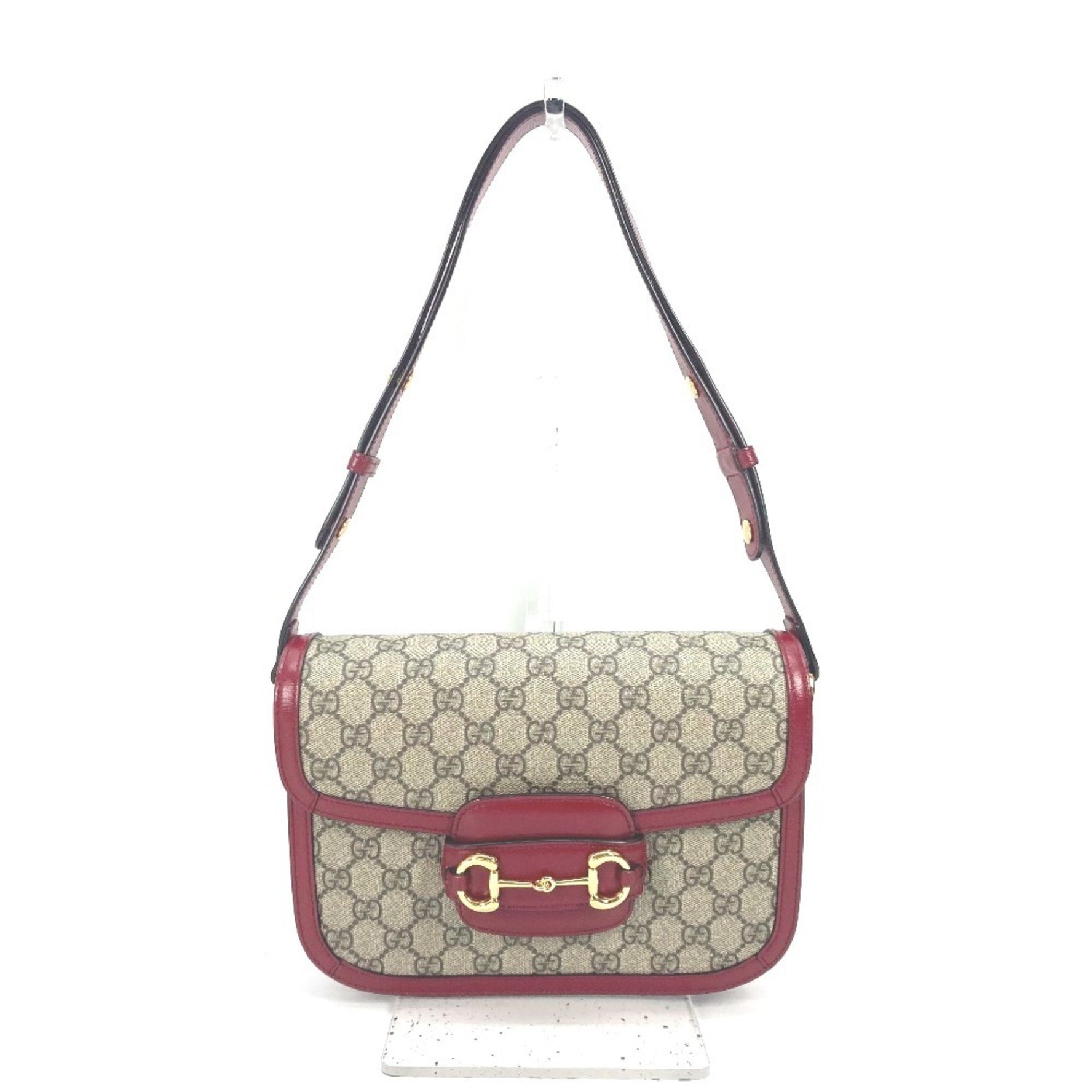 GUCCI GG Supreme Horsebit 1955 Shoulder Bag in Beige Canvas/Leather, Like New