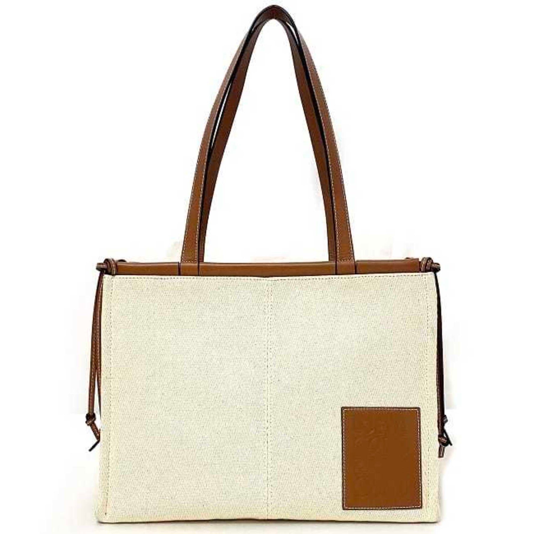 LOEWE Cushion Tote Small Natural Beige Brown Anagram Canvas Leather Ladies