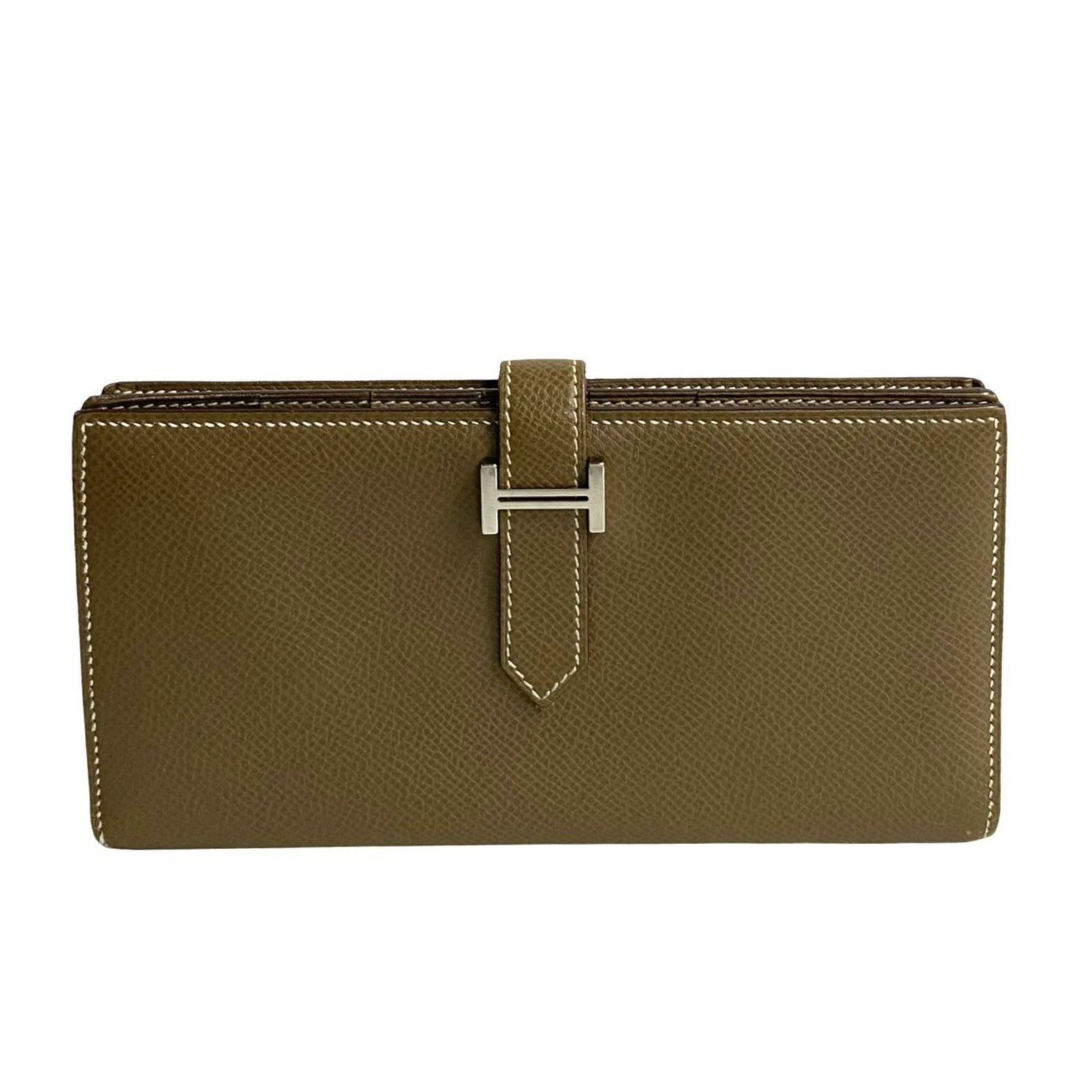 HERMES Bearn Soufflet Epsom Leather Bifold Wallet with Bill Compartment, Etoupe Leather