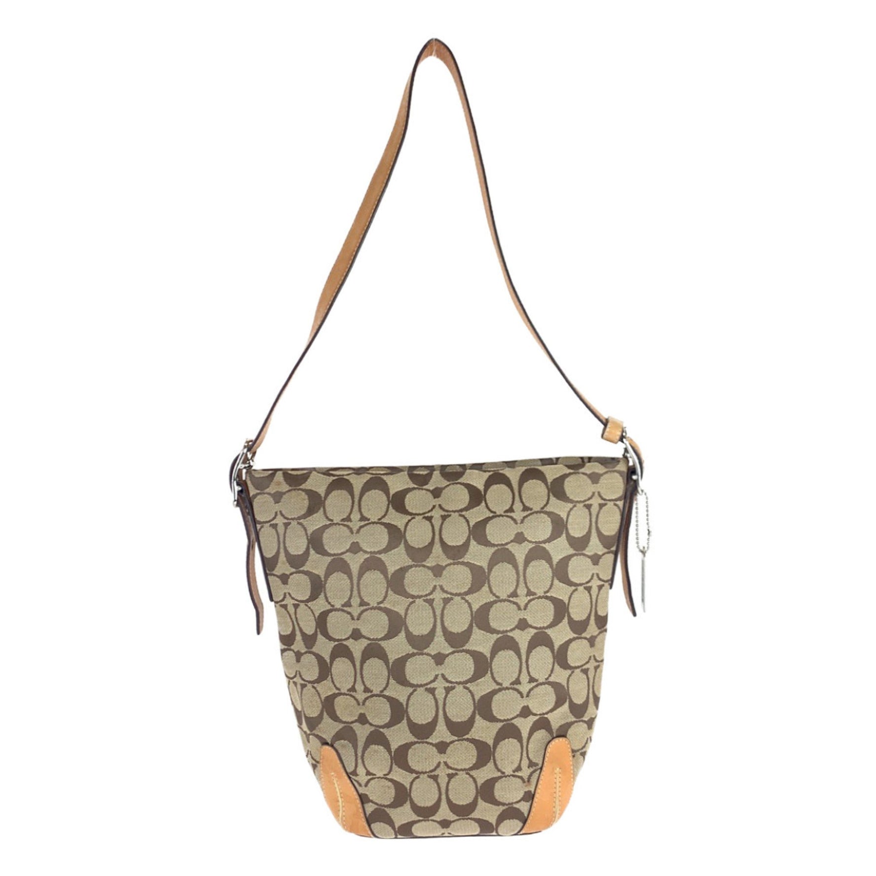 COACH Signature Beige Brown Silver Hardware Canvas Leather Hobo Shoulder Bag