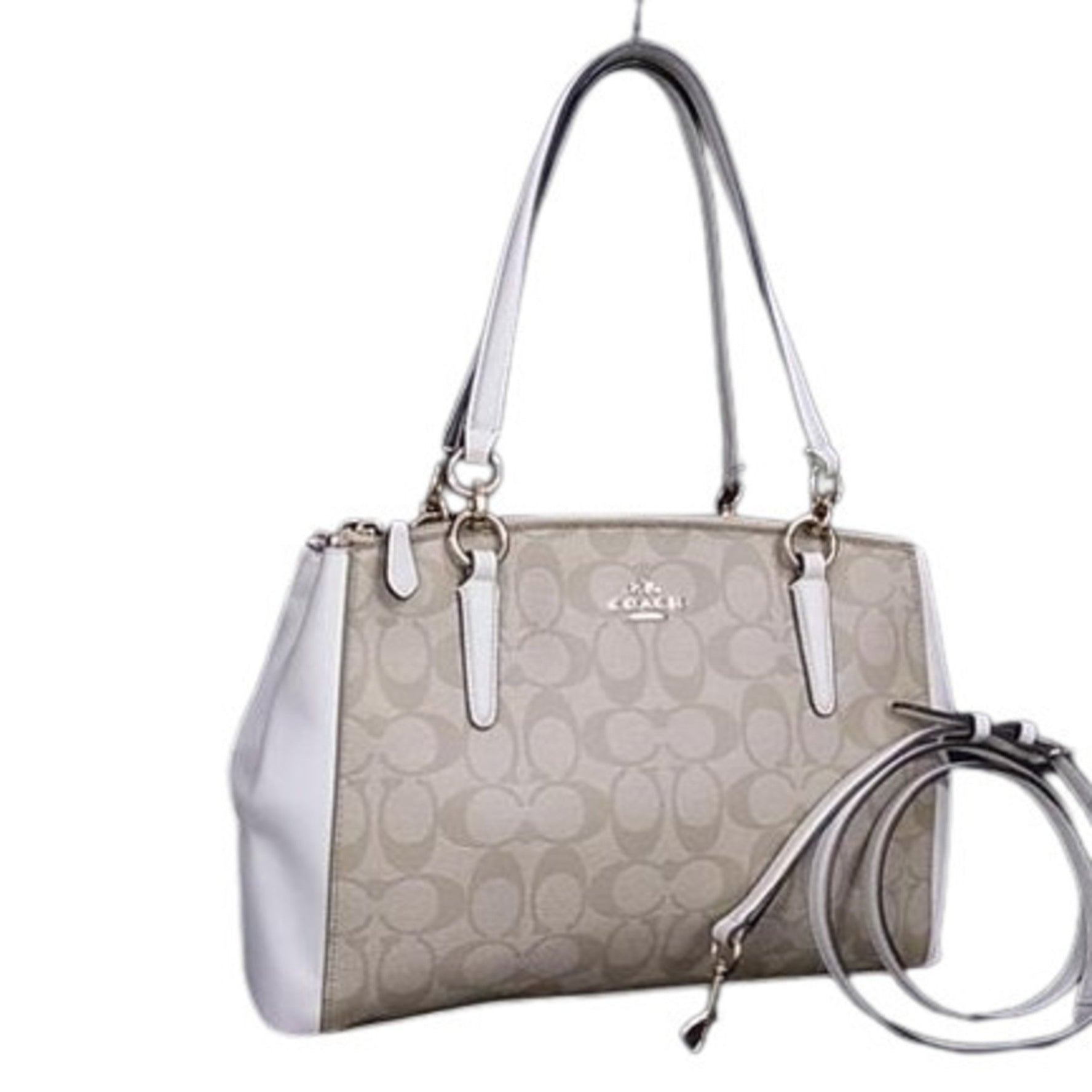 COACH Tote Bag Small Christy Carriole Beige x Ivory Leather Signature Crossbody