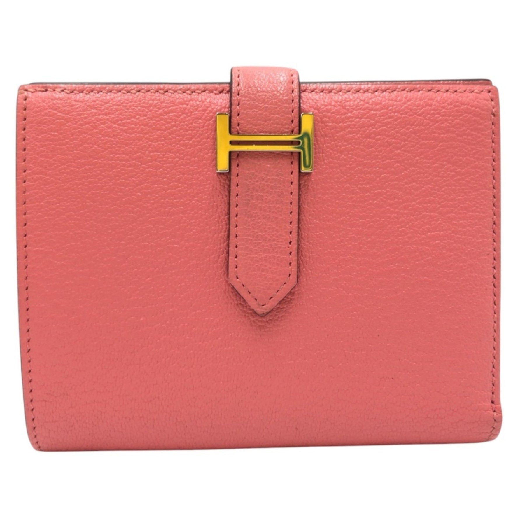 HERMES Bearn Mini Pink Rose Azalee Silver Hardware Chevre Bi-fold Wallet Compact D Engraved