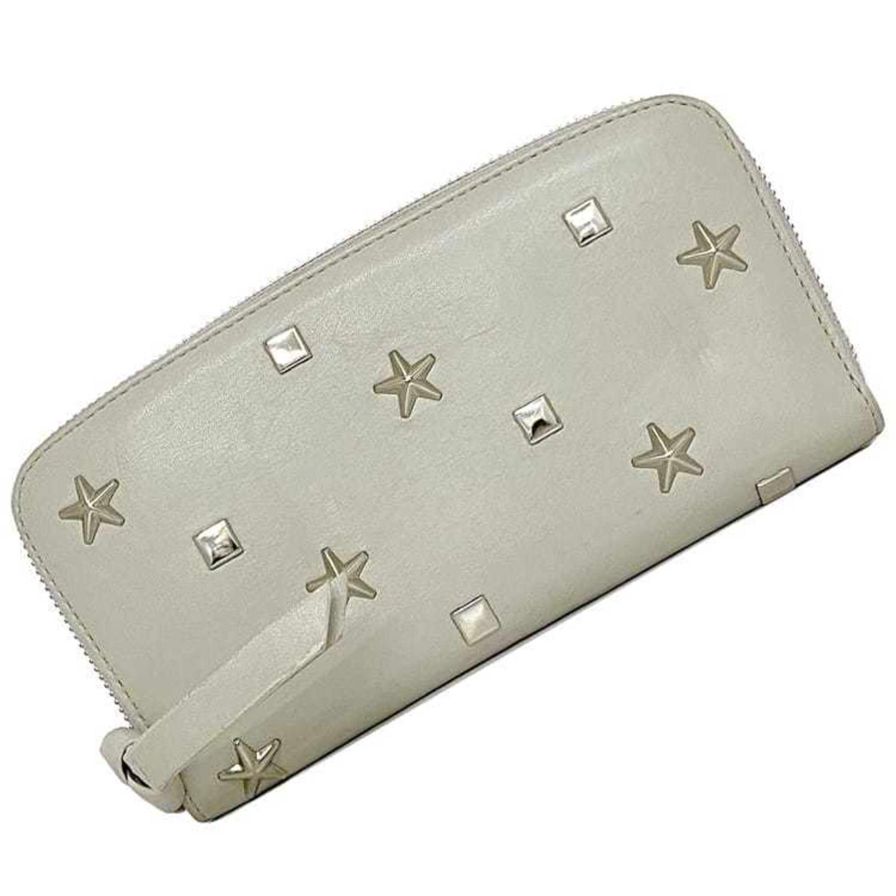 Jimmy Choo Round Long Wallet Grey Leather Star Studs Genuine Pattern