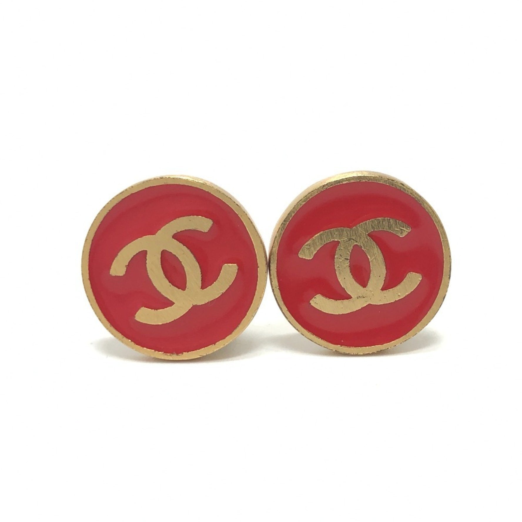 CHANEL Coco Mark Accessory Vintage Clip-on Earrings Metal Red x Gold